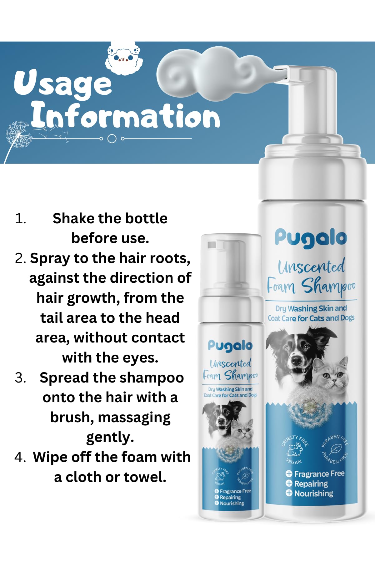 Waterless Cat & Dog Shampoo – 200ml (6.76oz) Unscented Dry Foam Cleanser & Conditioner – No-Rinse Deshedding Shampoo for Smelly Pets