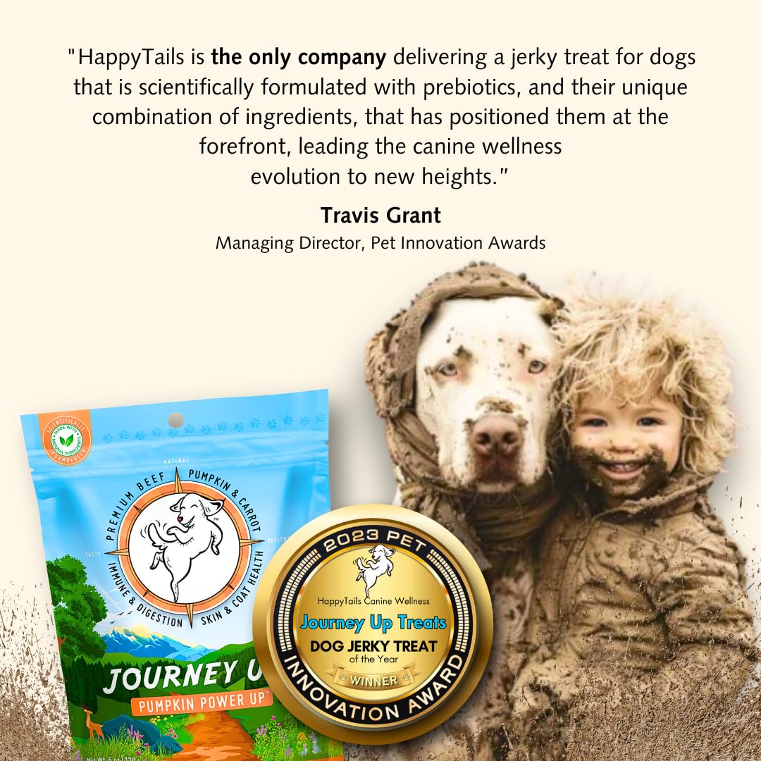 HappyTails Journey Up, Pumpkin Power Up Jerky Treats for Dogs with Beef, Pumpkin & Carrots-Made in USA-Prebiotics for Gut & Immune Health, Omega 3 & 6 for Skin & Coat, Small-Large Dogs, 6 oz.