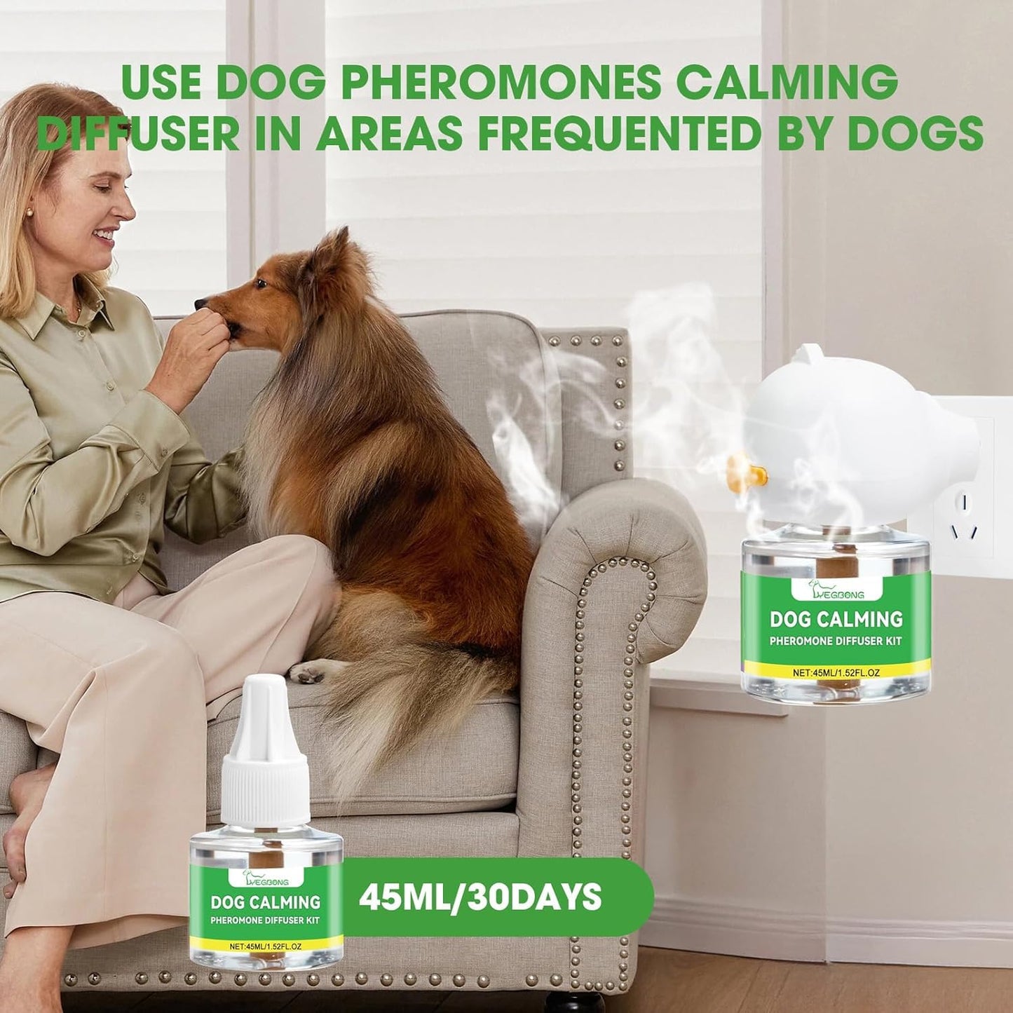 Nodfens Dog Calming Diffuser Pheromone Dog Peeing Diffuser, 1 Plug in+ 1 Pack 45ml Trial Pack Dog Anxiety Relief Up to 30 Days