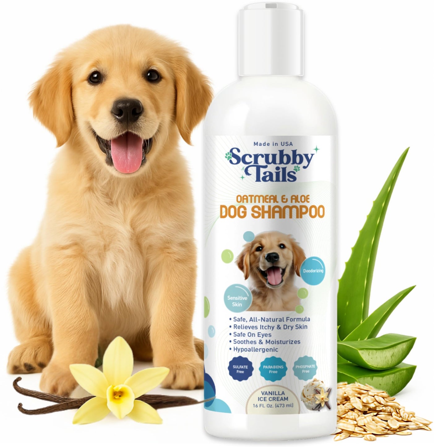 Scrubby Tails Organic Dog Shampoo - Puppy Oatmeal Shampoo for Itchy Skin Relief - Hypoallergenic for Sensitive Skin, for Dogs of All Ages, Deodorizes, Tearless, Made in USA, 16oz (Vanilla Ice Cream)
