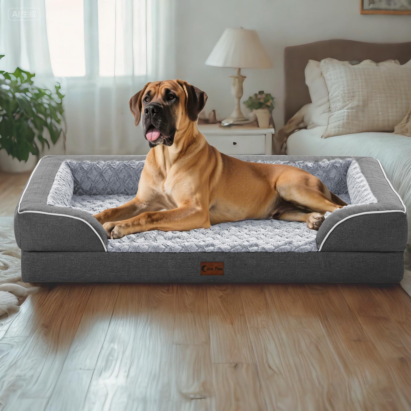 Casa Paw Orthopedic XL Dog Bed for Extra Large Dogs, Waterproof Memory Foam Dog Beds with Sides, Non-Slip Bottom and Egg-Crate Foam Big Dog Couch Bed with Removable Washable Cover(X-Large,Dark Grey)