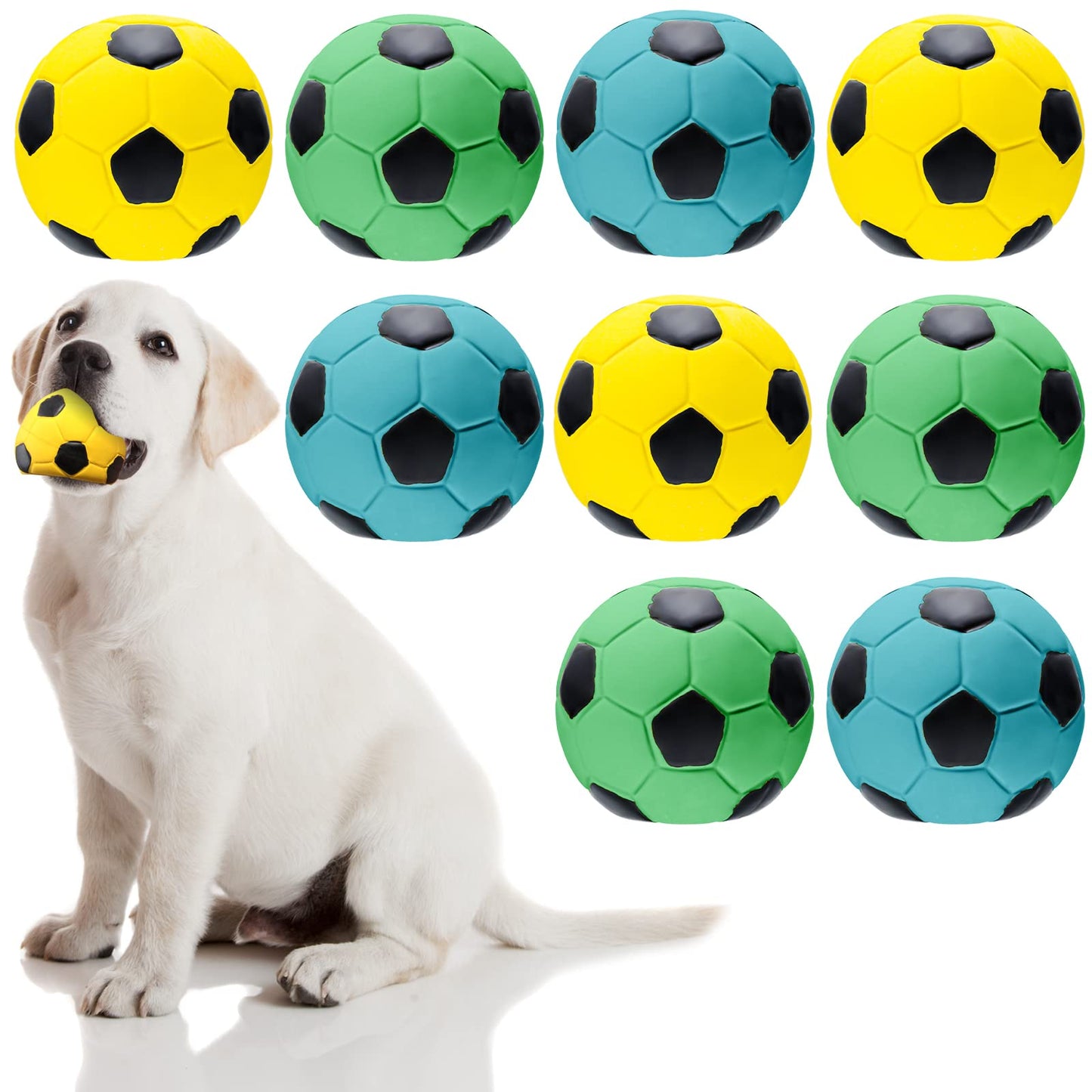 Sumind 9 Pcs Latex Squeaky Dog Toys Soccer Ball Interactive Fetch Toys Soft Football Puppy Chew Balls for Small Medium and Large Dogs(Yellow, Blue, Green)