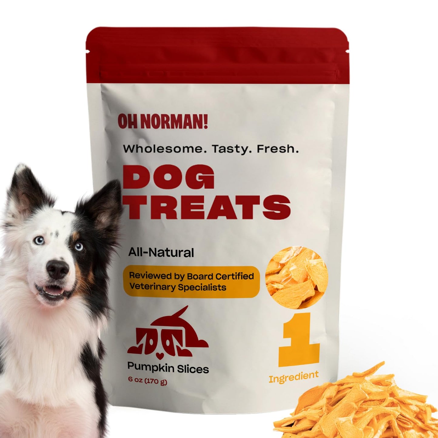 OH NORMAN! Single Ingredient Pumpkin Dog Treats by Kaley Cuoco, Healthy Dog Treats for All Life Stages and Breeds, Air Dried, Ethically Sourced in Canada, 6 Oz