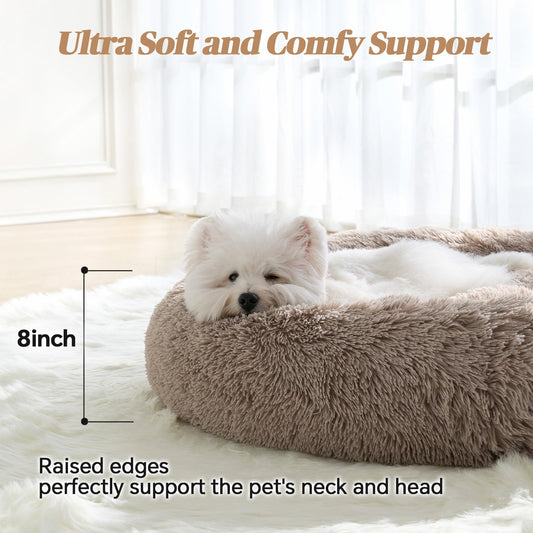 Calming Small Dog Bed, Donut Fluffy Anti-Anxiety Round Washable Cute Bed, Plush Cozy Cuddler Warming Soft Comfort Pet Bed for Small Medium Dogs Cats, 20inch,Brown