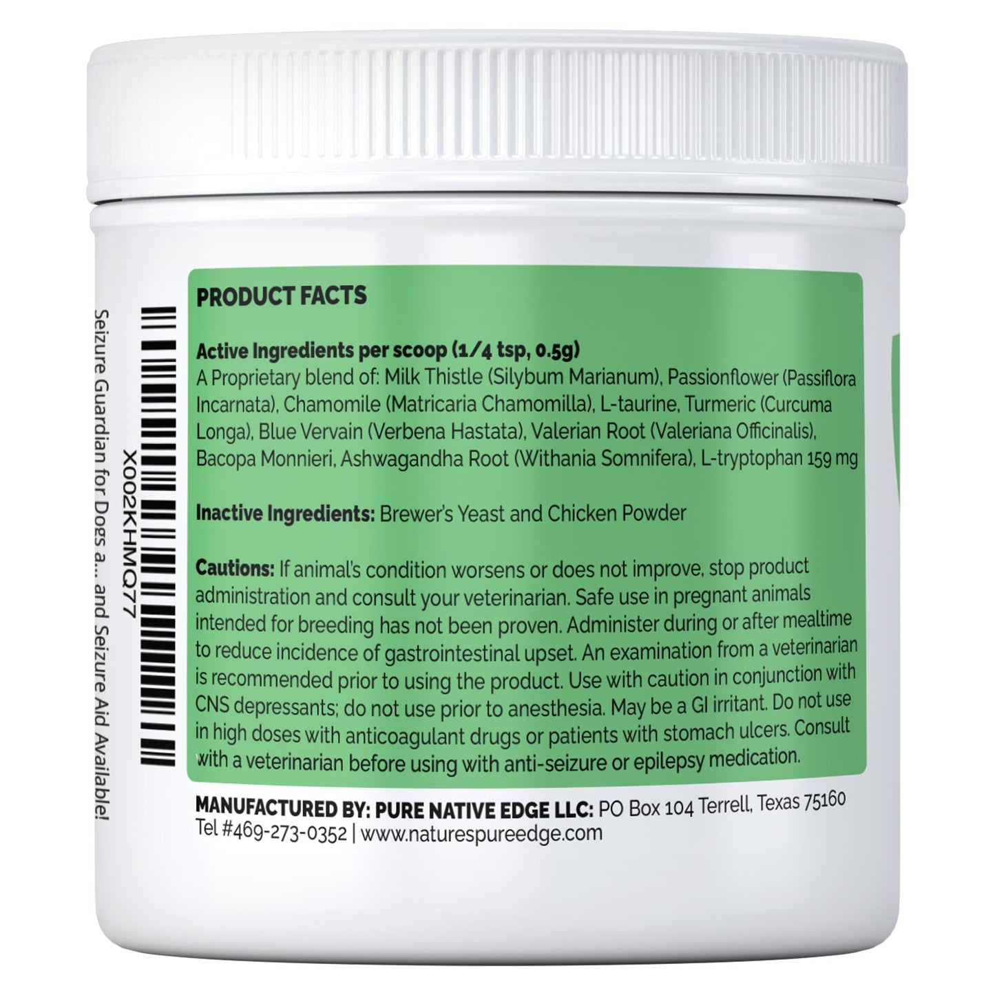 Seizure Support and Calming Aid for Dogs and Cats - All Natural Epilepsy and Seizure Aid. Ashwagandha, Blue Vervain, Valerian, L-tryptophan, L-Taurine, Chamomile, Milk Thistle, Turmeric.