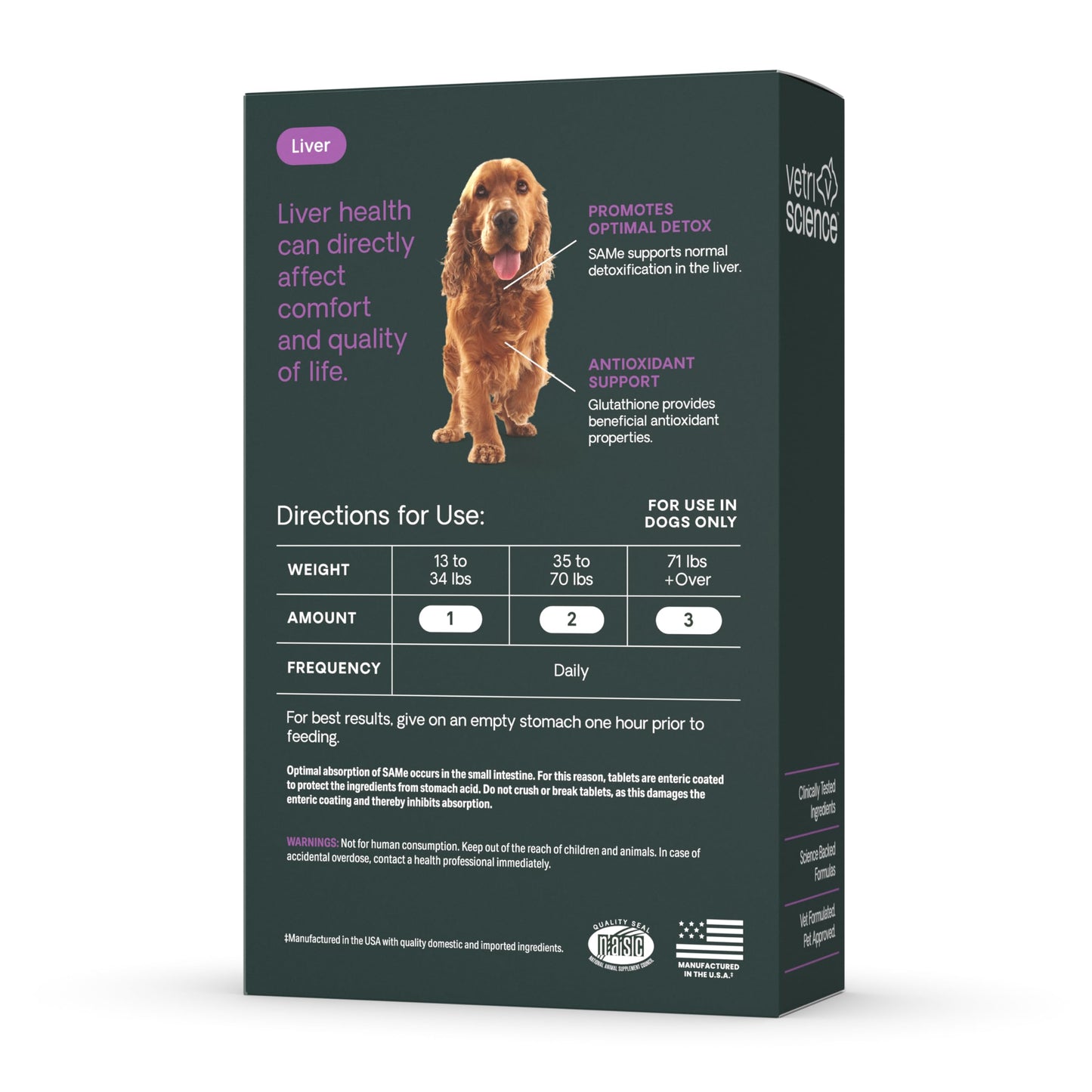 VetriScience SAMe Liver Health Tablets, 225 mg S-Adenosyl-Methionine Liver Health and Detox Supplement for Medium and Large Breed Dogs, Glutathione Antioxidant Liver Support, 30 Count