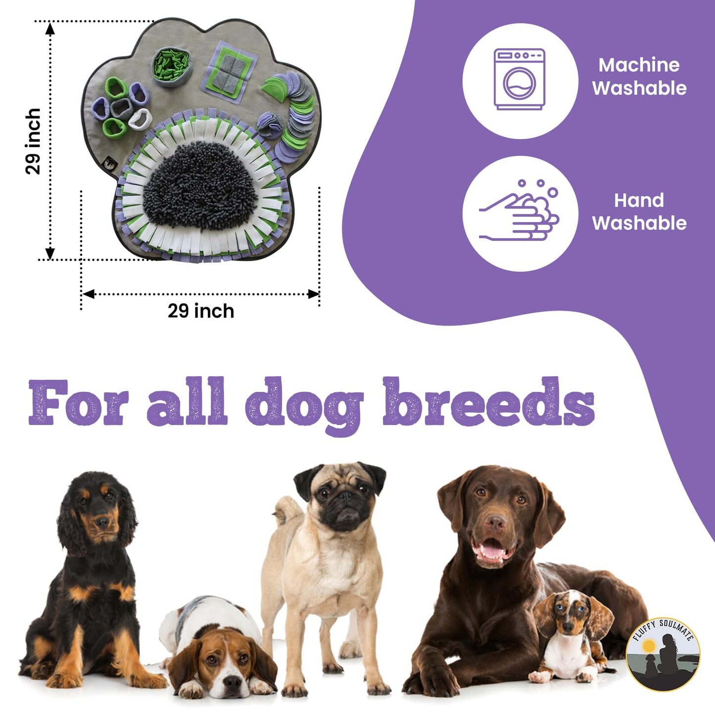 Fluffy Soulmate Paw Shaped Snuffle mat 29"x29" for Small, Medium, Big Size Dogs, Cats; Interactive Slow Feeding Sniffing mat for Mental Stimulation, Puzzle Toy for Encourages Natural Foraging Skills