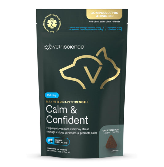 VetriScience Max Veterinary Strength Calm & Confident Chews - Stress Supplement for Pets - Supports Brain Function for Cats & Dogs - with Lemon Balm Extract, L-Theanine, Thiamine & More - 45 Count
