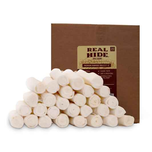 Real Hide | All Natural Dog Chew Treats - Premium Rawhide Rolls, 9-10 Inch - Long Lasting Grass Fed Free Range Beef Hide - Medium/Large Dogs - 20 Count
