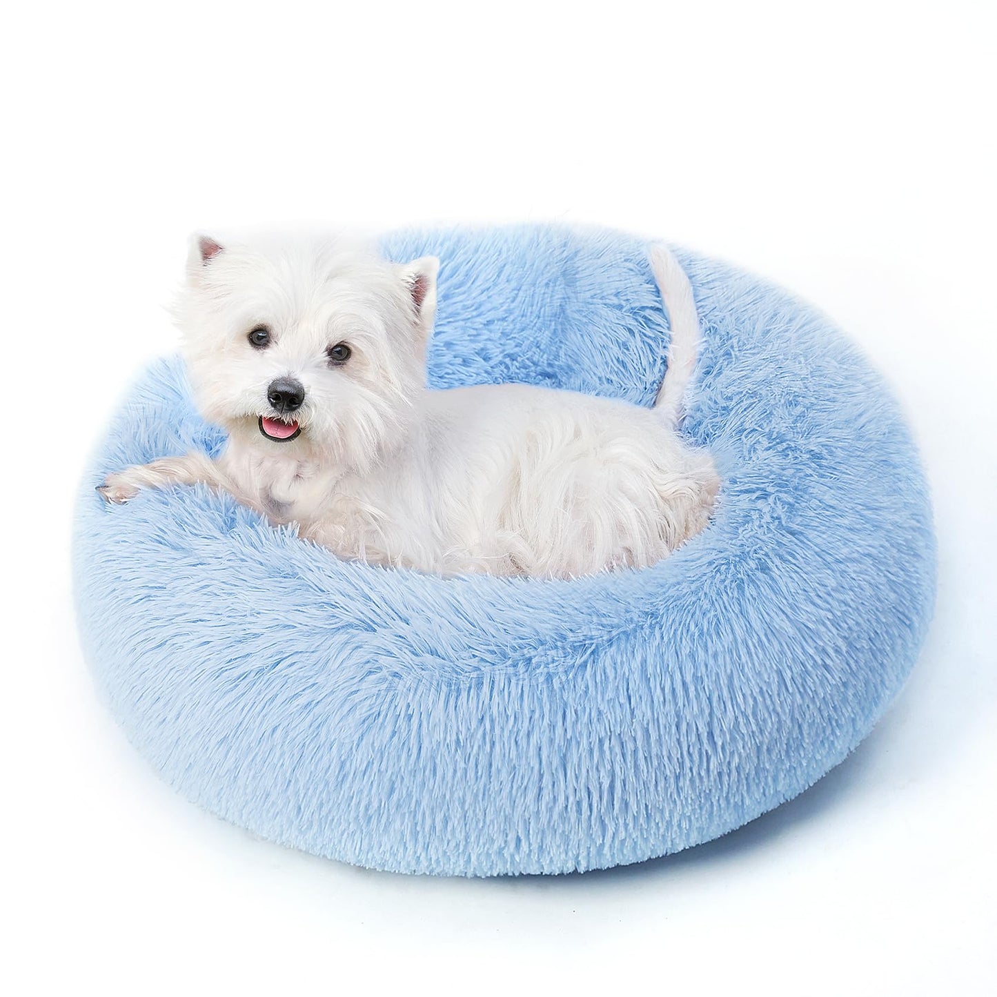 Calming Dog Bed & Cat Bed with Anti-Slip Bottom, Medium Size Washable Anti-Anxiety Donut Dog Beds for Small Dogs & Cats, Fluffy Plush Cozy Round Dog Bed(24 Inch, Light Blue)