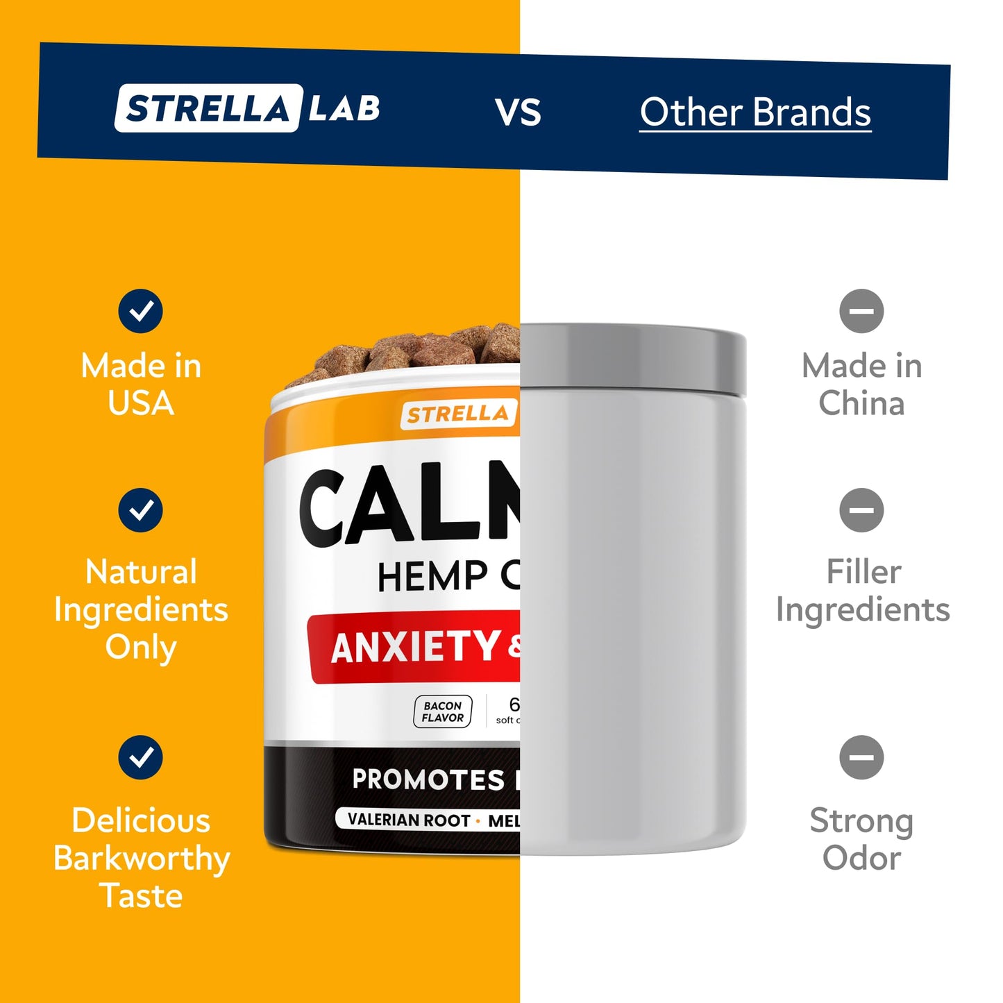 STRELLALAB Advanced Calming Chews for Dogs - Hemp Treats + Melatonin - Sleep Aid - Relaxing Treats - Stress Relief During Fireworks, Thunder - Made in USA - Bacon - 60Ct