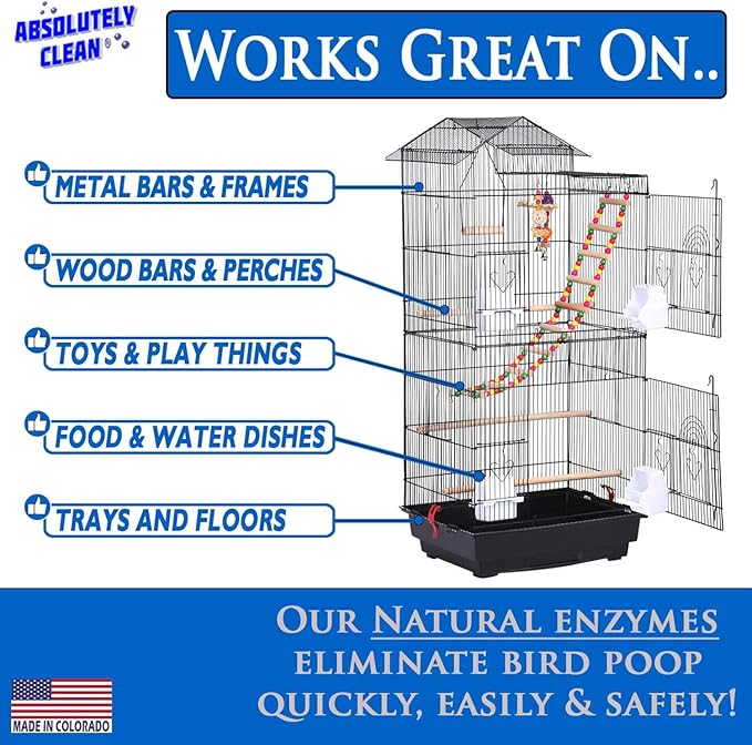 Absolutely Clean Amazing Bird Cage Cleaner and Deodorizer - Just Spray/Wipe - Safely & Easily Removes Bird Messes Quickly and Easily - USA Made - Fragrance Free (4X Concentrate - 16oz Makes 64oz)