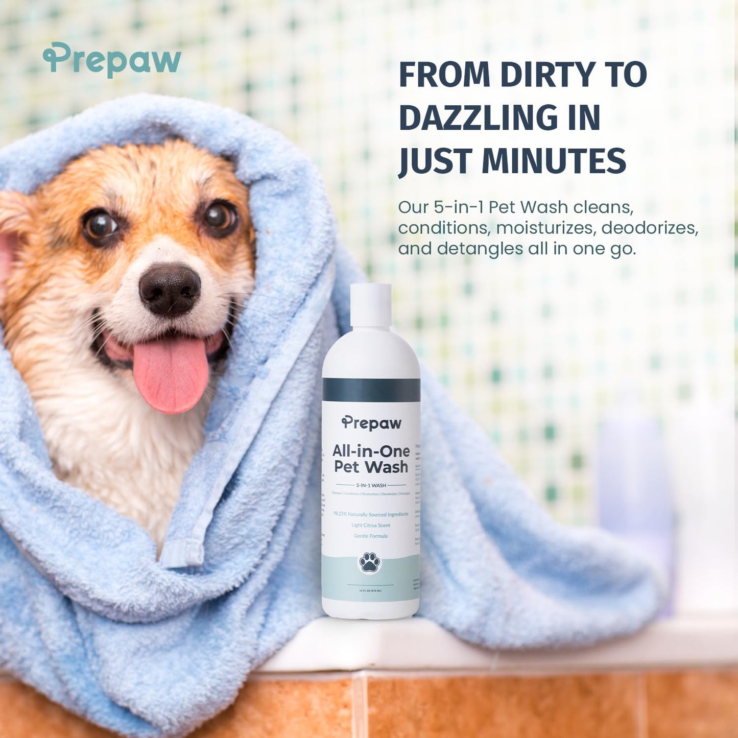 PREPAW Pet Wash - 5 in 1 (Cleans, Conditions, Moisturizes, Deodorizes & Detangles) - Natural Ingredients - Gentle for Sensitive Skin - Softens Coat & Quick Rinse | Light Citrus Scent, 16 fl oz