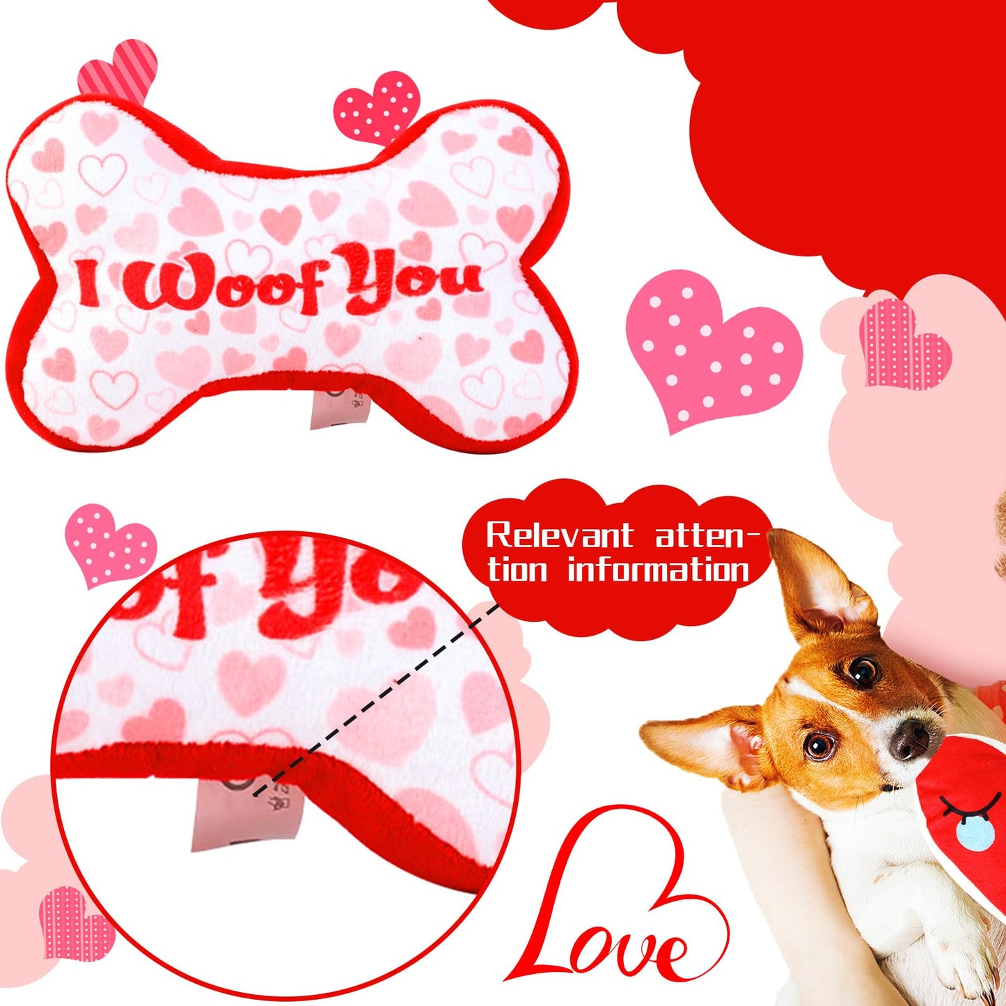 Mruq pet Pink Dog Toys, 4pcs Cute Fun Interactive Plush Squeaky Dog Toys, Red and Pink Bone and Heart Gifts Puppy Dog Teething Chew Toys for Small Medium Pet Dogs Teeth Cleaning