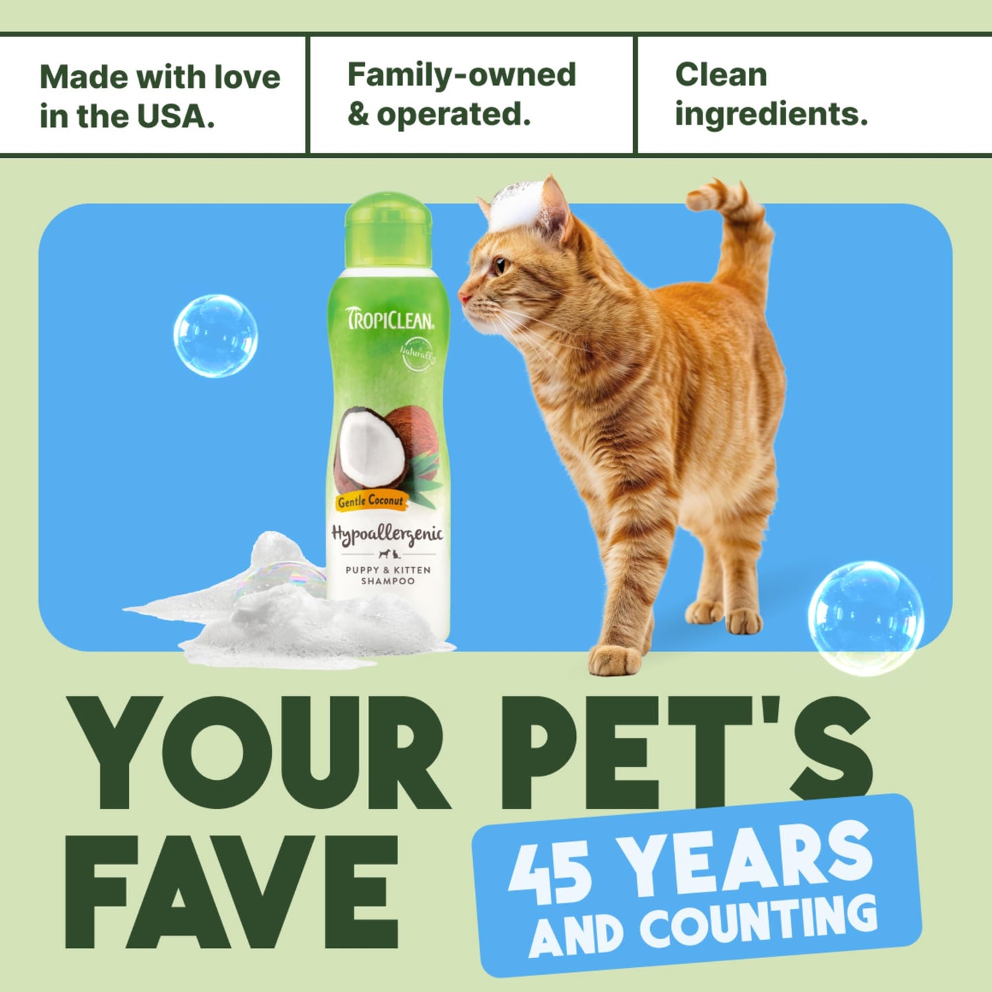 TropiClean Gentle Kitten & Cat Shampoo, Pet Shampoo for Allergies & Sensitive Skin, Made in USA, Gentle Coconut Scent, Safe for Puppies & Dogs, 12oz.