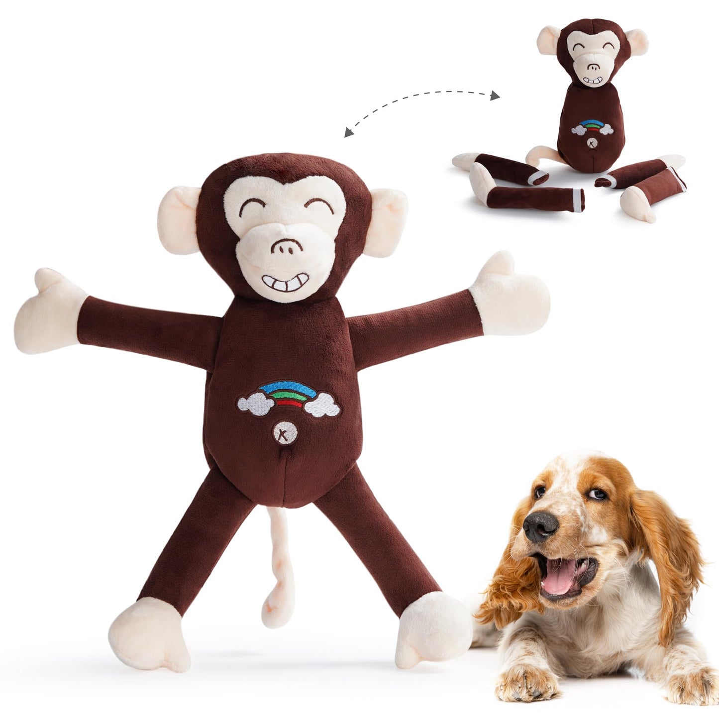 Nocciola Tearable Pull Rip Apart Monkey Dog Toy with Squeaker & Crinkle - Interactive Stuffed Plush Toy to Keep Dogs Busy, Pet Puzzle Enrichment Chew Toys for Small Medium Large Breeds