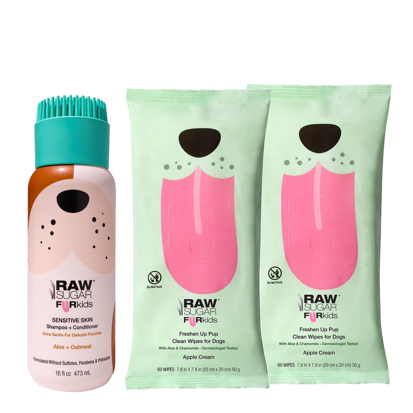 Raw Sugar 2-in-1 Dog Shampoo and Conditioner (Aloe & Oatmeal, 16 Fl Oz) & Dog Wipes, 2 Pack (60 Apple Cream Pet Wipes) Fur Kids Sensitive Coat Kit, Vegan & Cruelty-Free Puppy Essentials