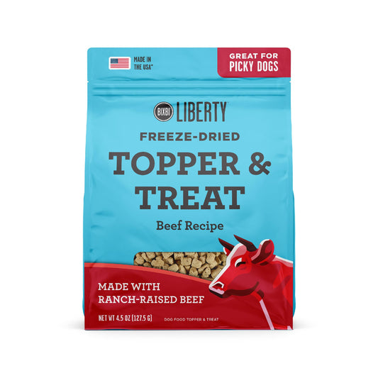 BIXBI Liberty Freeze Dried Dog Food Topper + Dog Treat, Beef Recipe, 4.5 oz - 98% Meat and Organs, No Fillers - Pantry-Friendly Raw Treat or Food Topper - USA Made in Small Batches