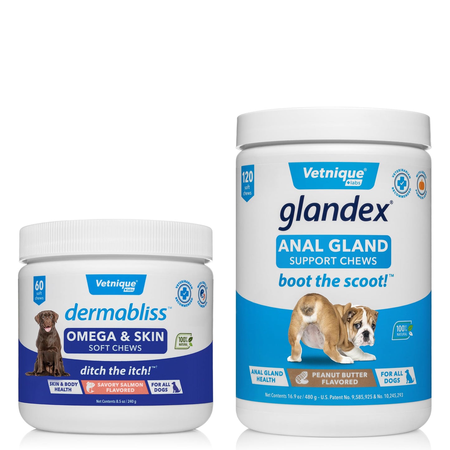 Vetnique Glandex Anal Gland Support Chews 120 Count and Dermabliss Omega & Skin Supplement for Dogs 60 Count Bundle| Peanut Butter, Savory Salmon, Probiotic for Dogs, Itch Relief