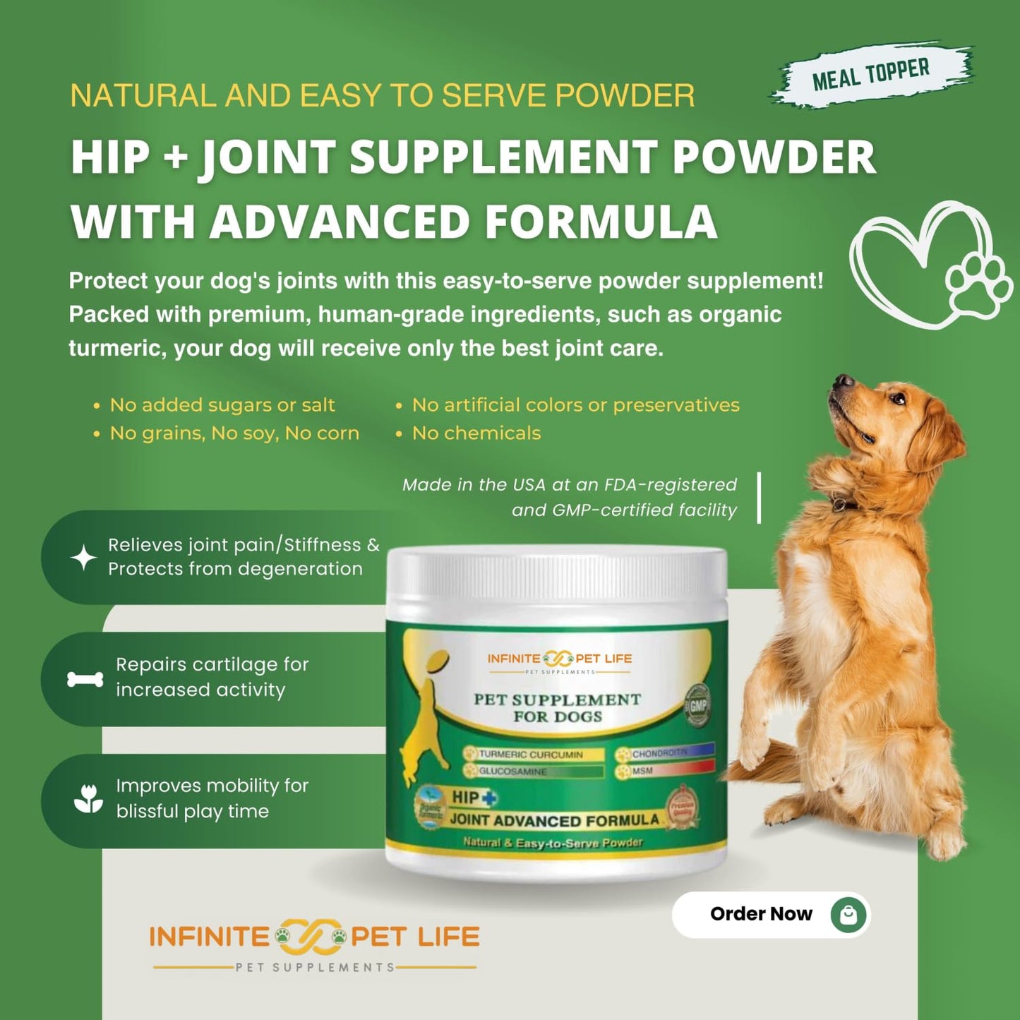 Infinite Pet Life Hip & Joint Supplement Powder for Dogs - Glucosamine, MSM, Chondroitin & Tumeric | Advanced Mobility Support for All Ages & Active Dogs - 12.7 oz