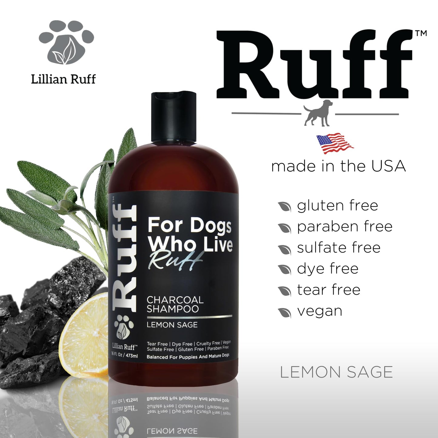 Ruff by Lillian Ruff Activated Charcoal Pet Shampoo – Deep Cleanser, Deodorizer, Stain Remover – Lemon Sage Scent, pH Balanced, Hydrate Dry Itchy Skin – Safe for Puppies & Mature Dogs