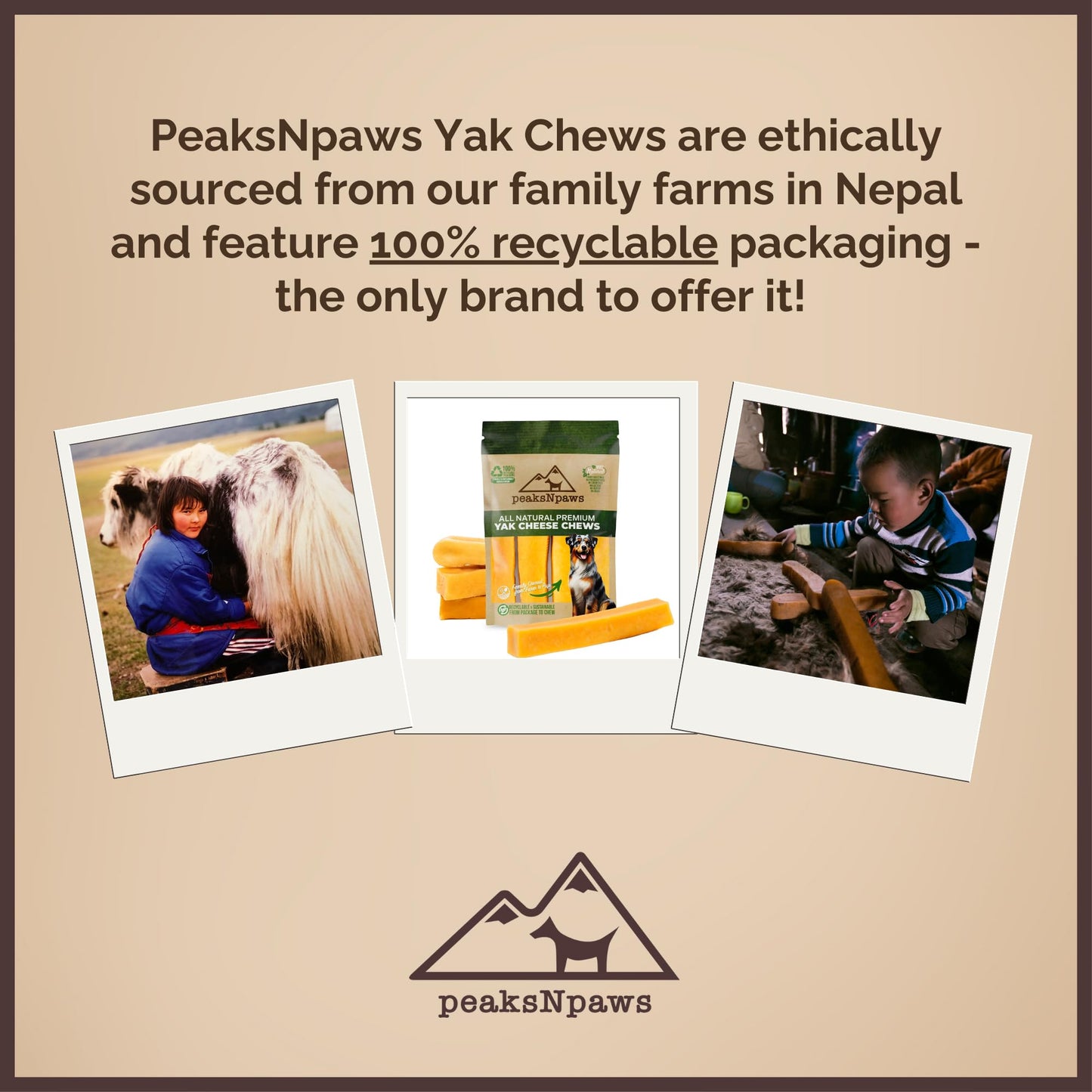 peaksNpaws Himalayan Dog Chews, High Protein Yak Cheese, Lactose Free, Natural Dog Treat, Long Lasting Chew Stick for Aggressive Chewers Under 35 lbs, 3 Medium Sticks, 100% Eco-Friendly Packaging