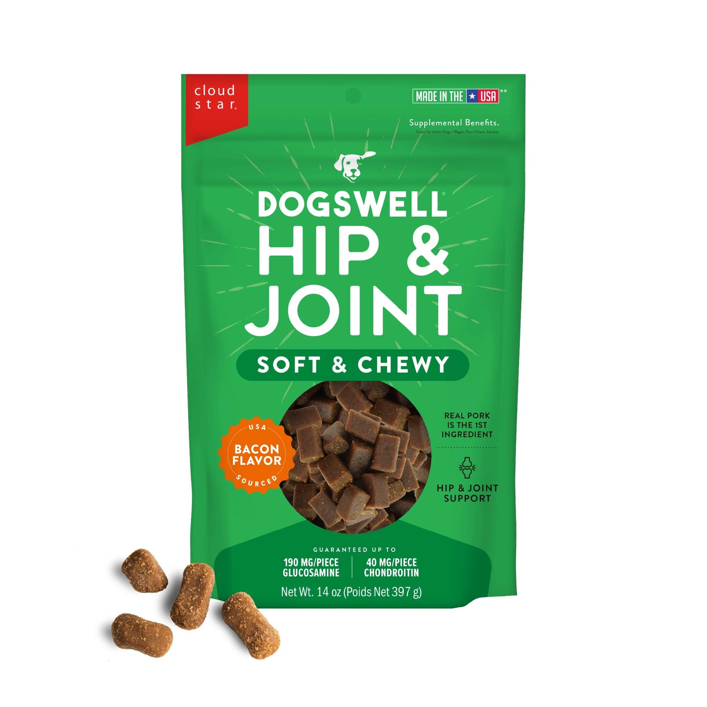 DOGSWELL Hip & Joint Soft & Chewy Dog Treats, Bacon, 14 oz. Bag