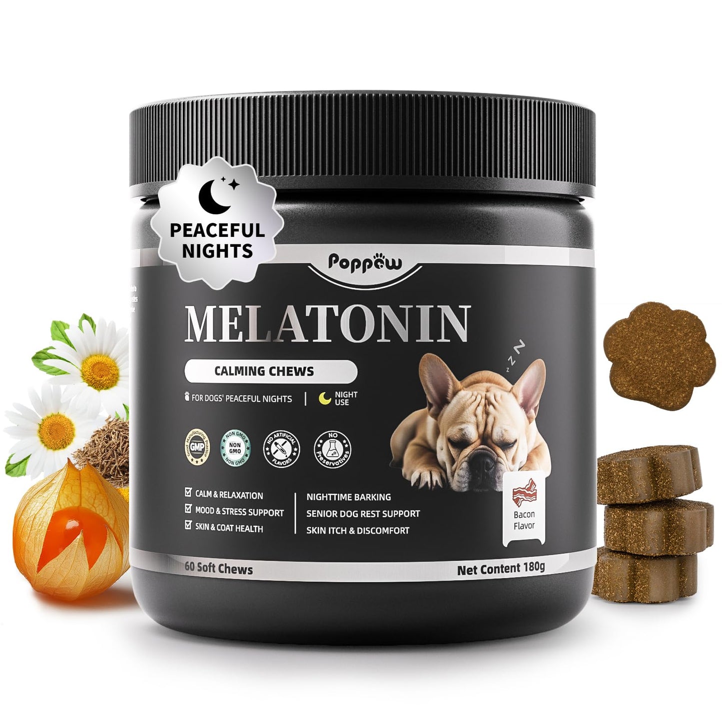 POPPAW Melatonin for Dogs, Calming Chews with Valerian Root & L-Theanine for Sleep Aid & Emotional Support, Calming Treats for Stress Anxiety Relief - Thunder, Fireworks, Barking, Bacon Flavor, 60Ct