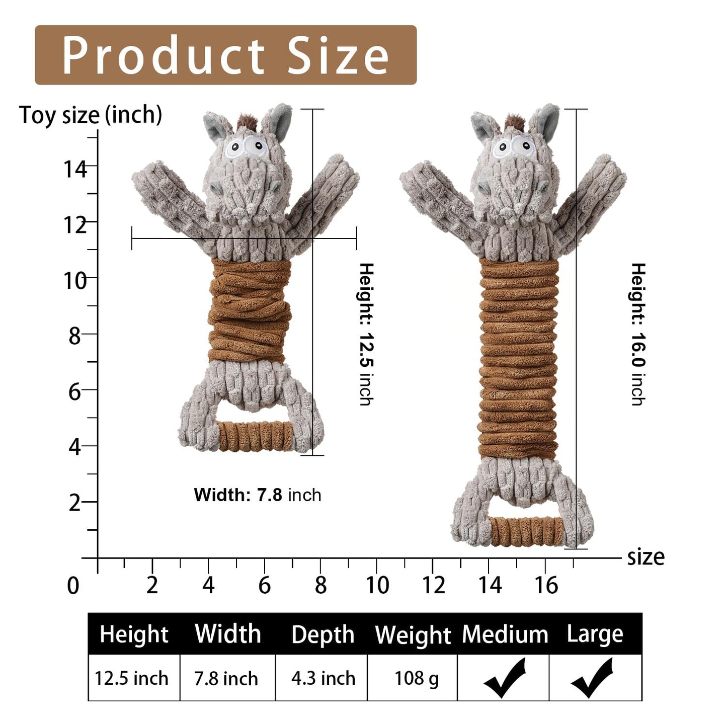 Squeaky Dog Toy, Durable Dog Toy Large Breed, Tug of War Dogs Interactive Toy, Stuffed Plush Puppy Toys with Crinkle Paper for Small, Middle, and Big Dogs(Tug of War Series, Donkey)