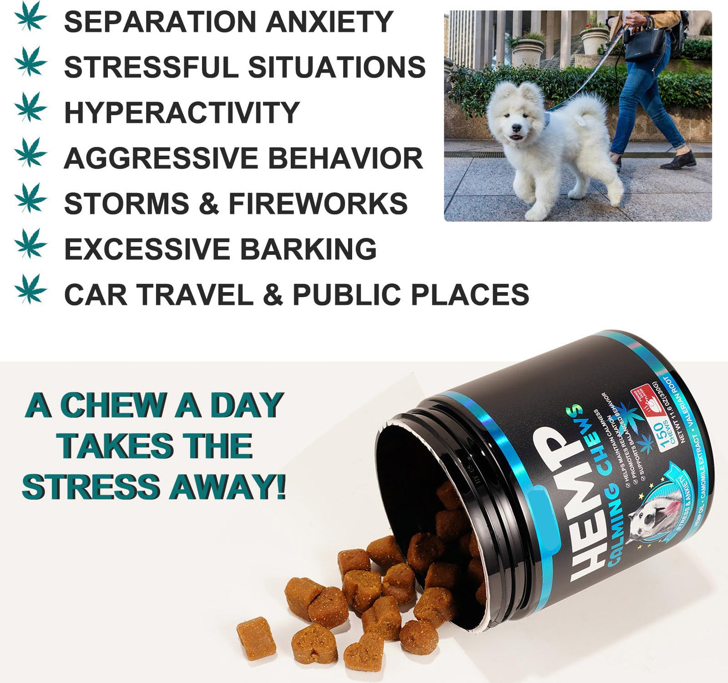 Bieyoc Calming Chews for Dogs 150PCS, Natural Ingredients Calming Treats for Dog Anxiety Relief, Hemp Calming Chews for Dogs Separation, Barking, Thunderstorms, Dog Calming Chews with Melatonin