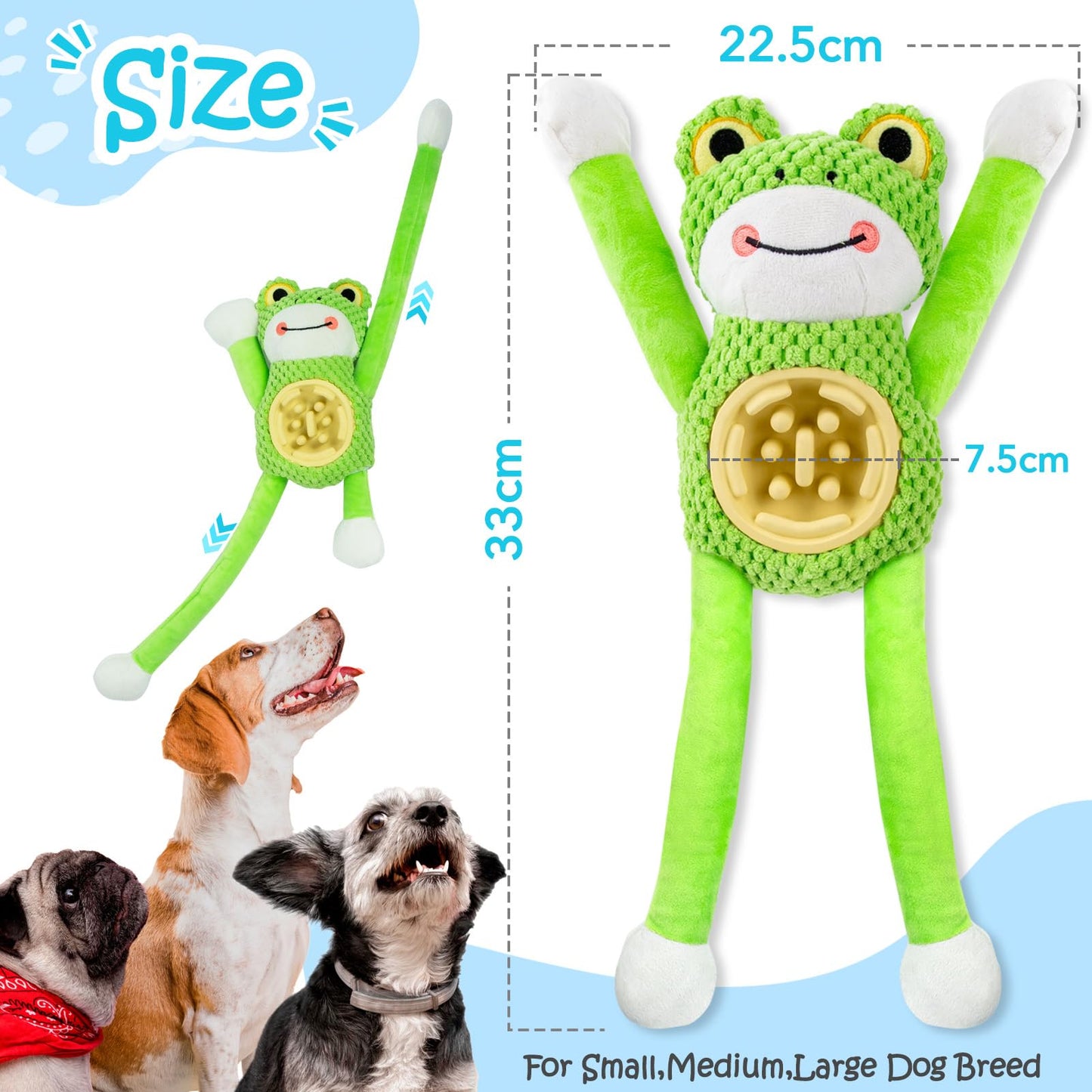 Squeaky Dog Toys - Interactive Frog Plush Dog Toy with Slow Feeder & Tug of War Game, Mental Stimulation Fluffy Stuffed Puppy Toys for Small, Medium, Large Breeds, Durable