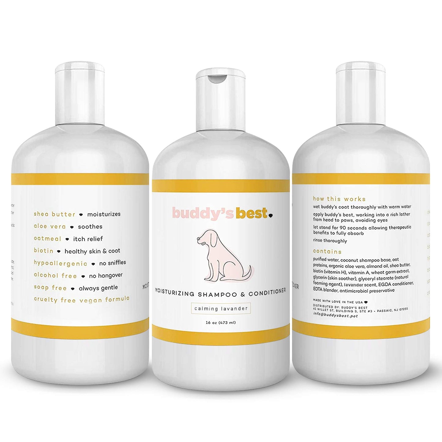 Buddy's Best Dog Shampoo for Smelly Dogs - Skin-Friendly, Oatmeal Dog Shampoo and Conditioner for Dry and Sensitive Skin - Moisturizing Puppy Wash Shampoo, Calming Lavender Scent, 16oz
