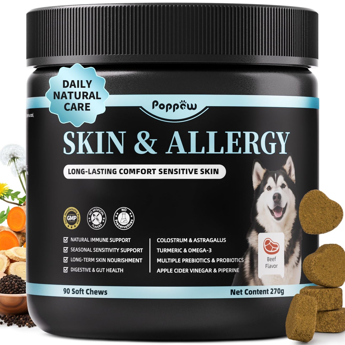 POPPAW Dog Skin & Allergy Chews - Dog Probiotics for Sensitive Skin Health Support - Allergy Relief - Support Seasonal Allergies, Immune & Gut & Digestive Health Supplement - Beef Flavor - 90 Count