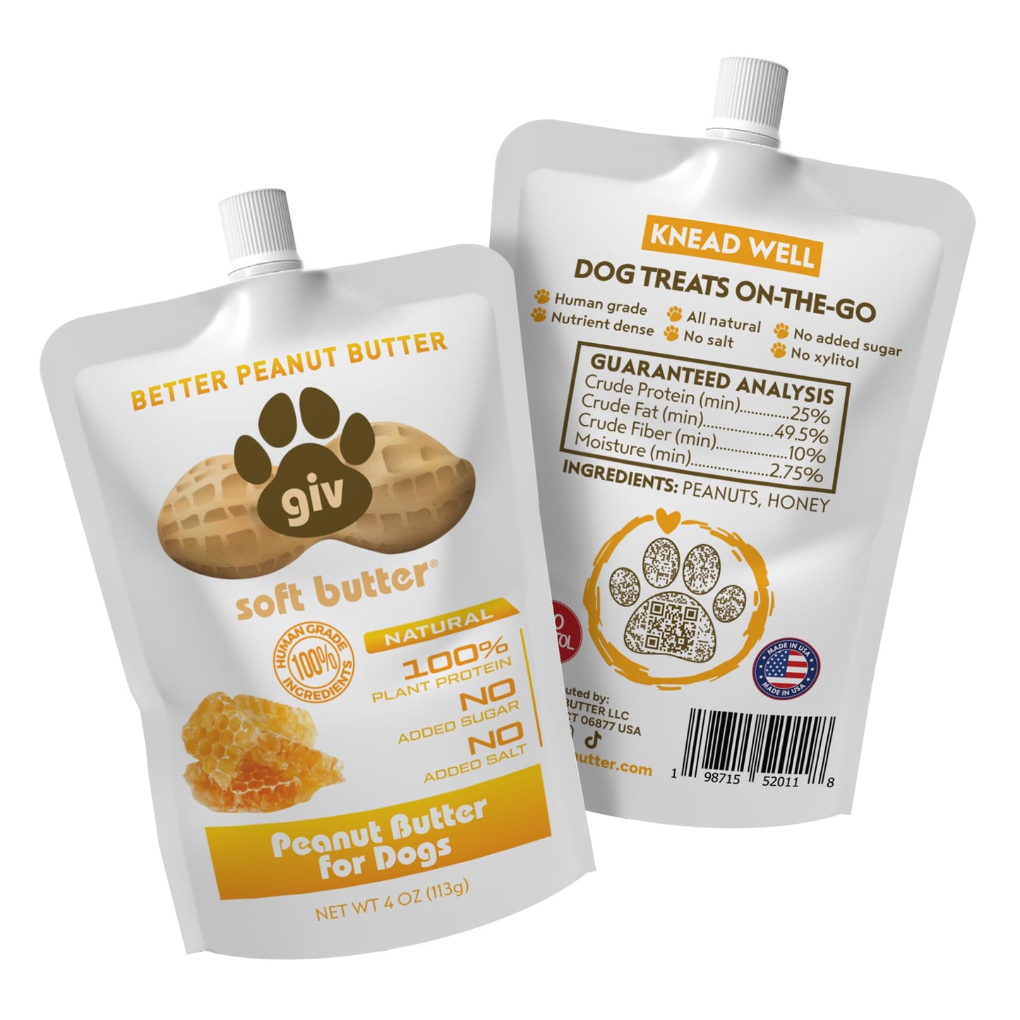 Dog Peanut Butter - All Natural Human Grade - 2 Ingredients (Peanuts & Honey) - Perfect for Pill Pockets, Lick Mat, Training Treats and Healthy Food, 4oz Pouches (Pack of 9)
