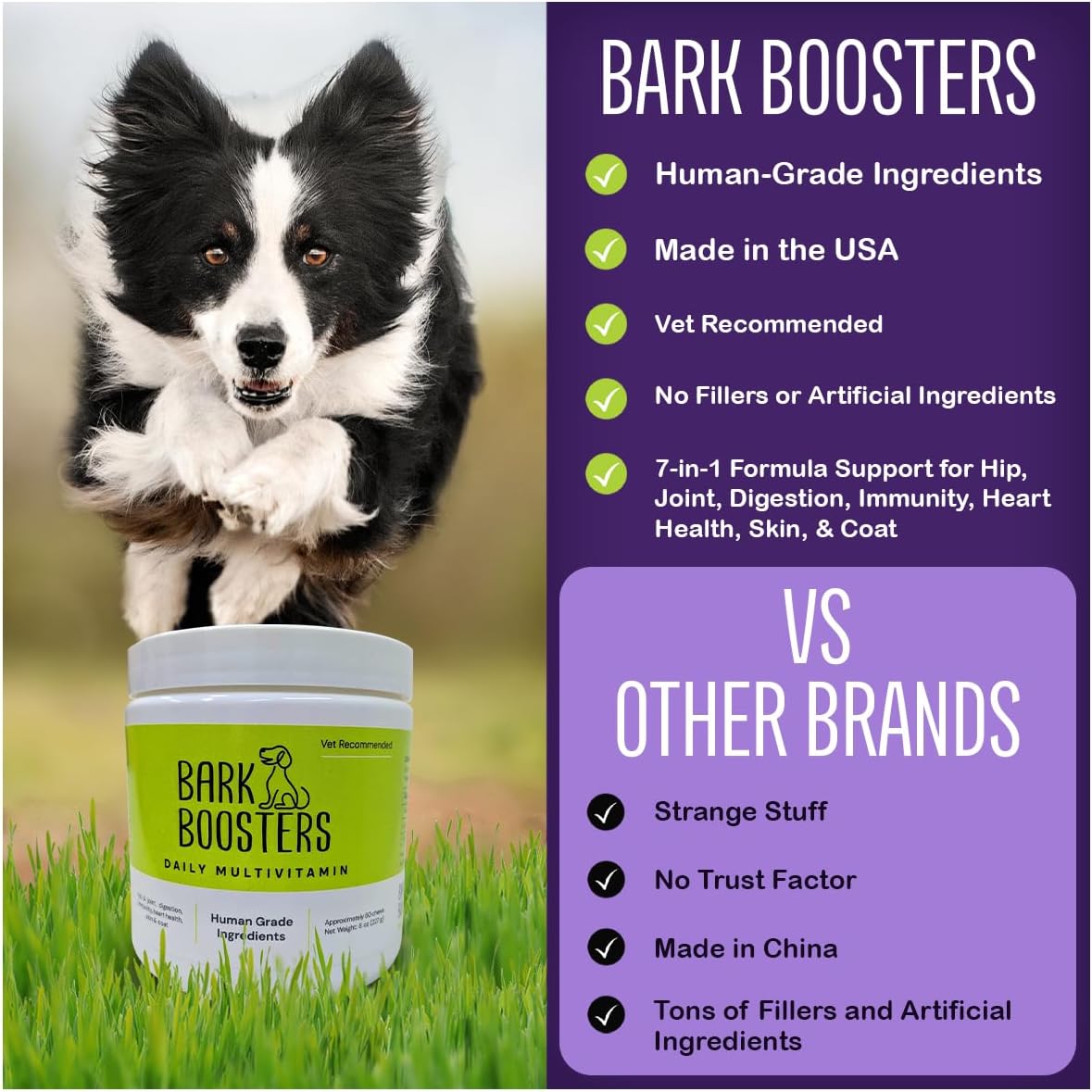 Bark Boosters Daily Dog Multi Vitamins, Made with Human Grade Ingredients, Probiotic Supplement, All-in-One to Support Joints, Digestion, Immunity, Heart Health, Skin & Coat, 60 Chews (1 Pack)