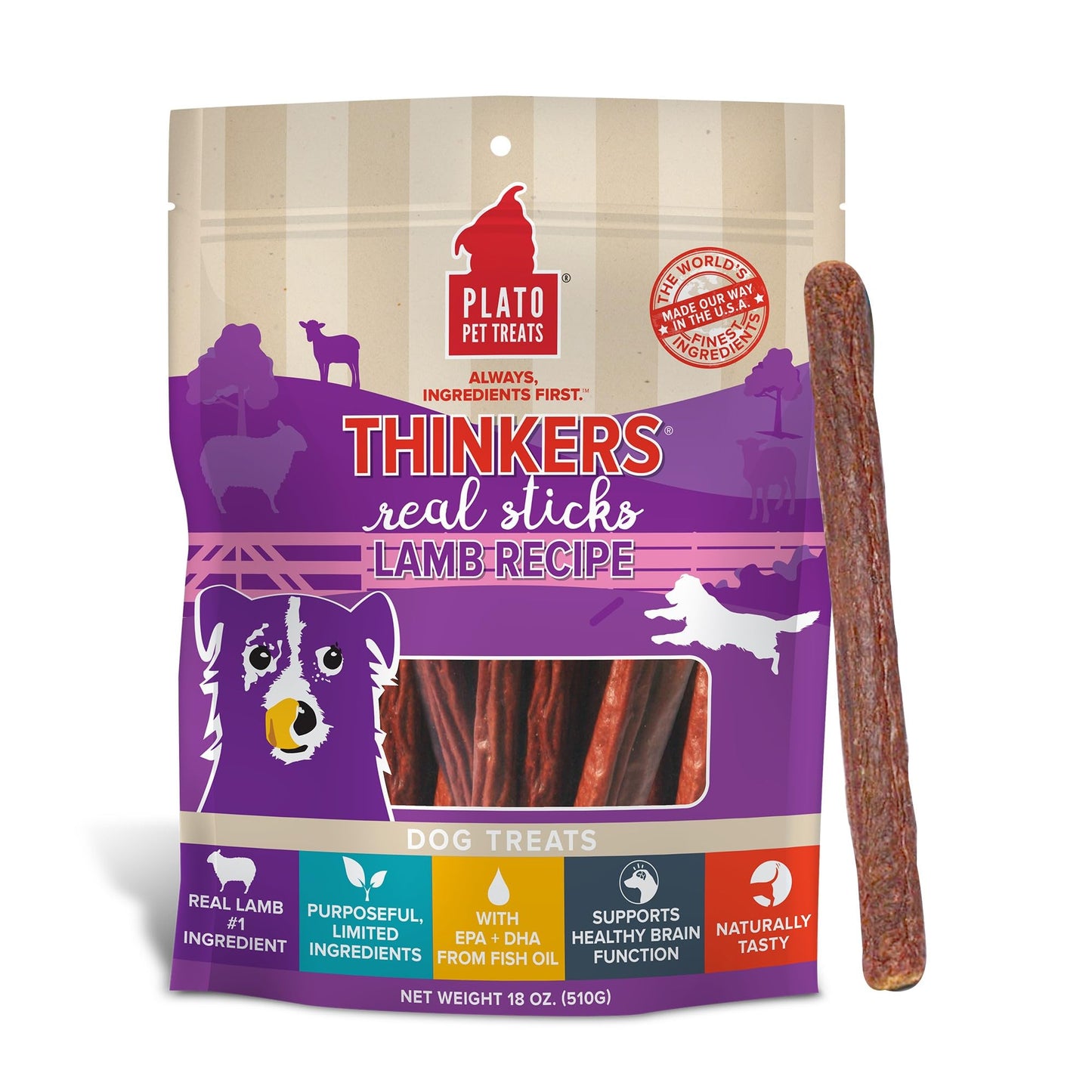 Plato Pet Treats Thinkers - Meat Sticks for Dogs - Limited Ingredient Treats with EPA and DHA to Support Skin, Coat, and Brain - Air-Dried - Lamb 18oz