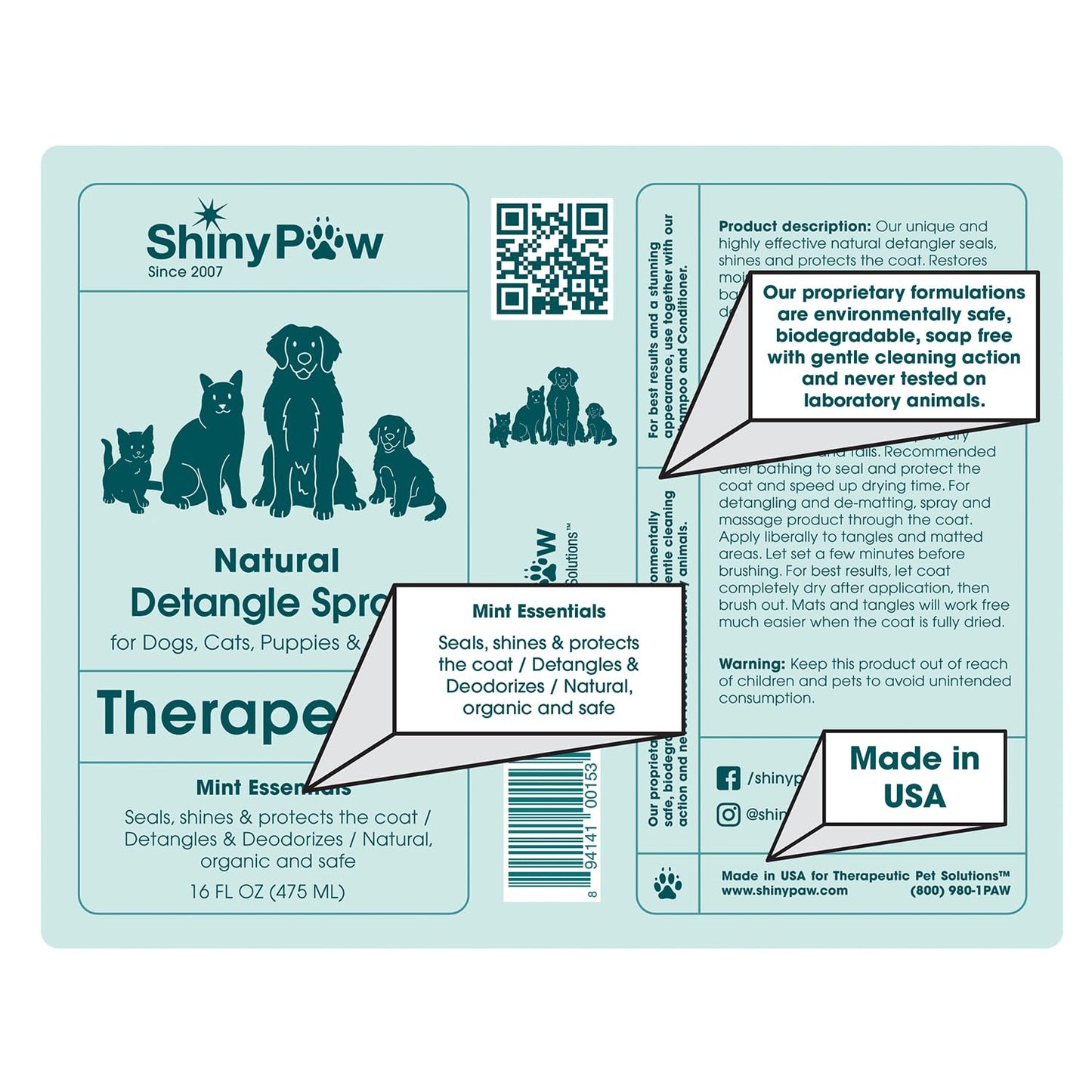 Pet Detangler Spray for Dogs & Cats 16 oz by Shiny Paw | Mint Essentials Detangler Spray | Hypoallergenic Dogs Detangler | Shines & Restores Coat | Made in The USA