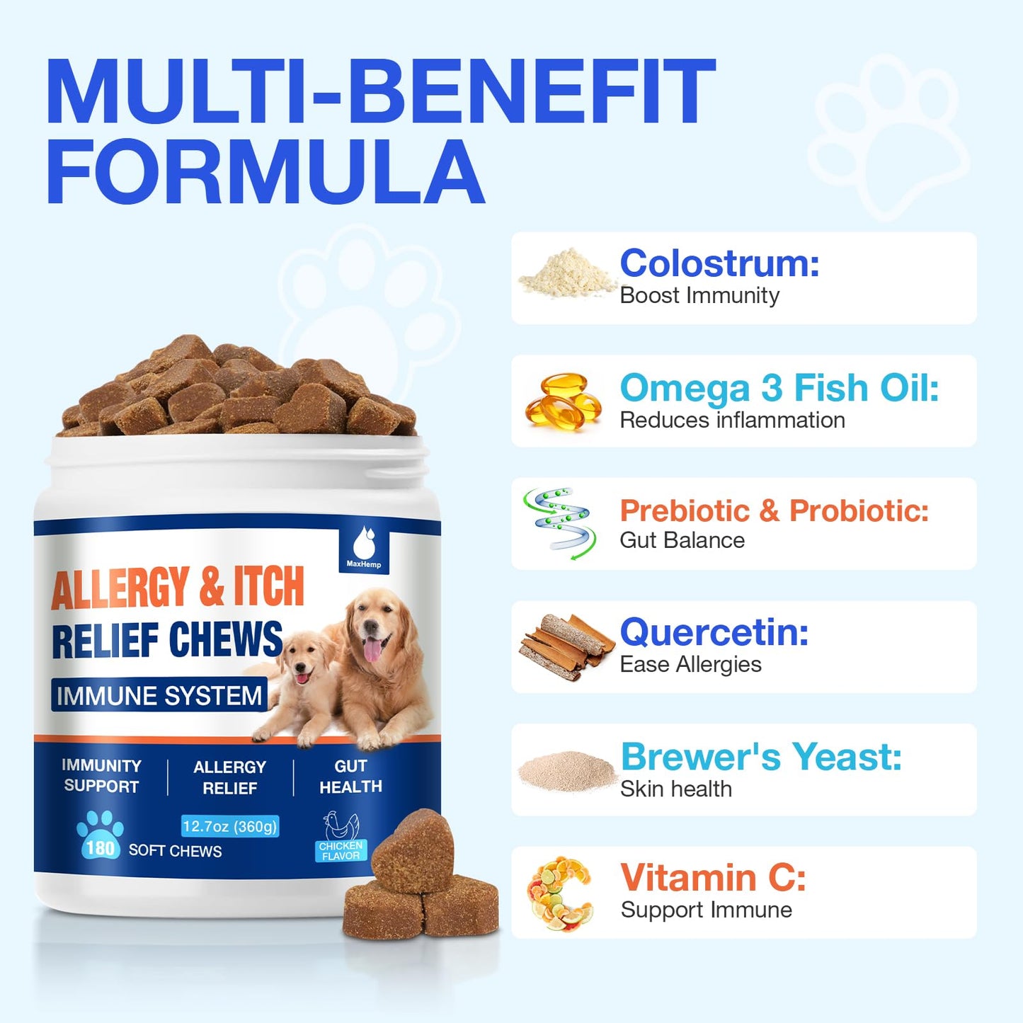 Dog Allergy Chews - Itching Skin Relief - Natural Dog Allergy Relief Treatment for Paw Licking, Anti-Itch, Dry Skin, Hot Spots, Allergies & Immune Support Supplement with Probiotics Fish Oil 180Ct