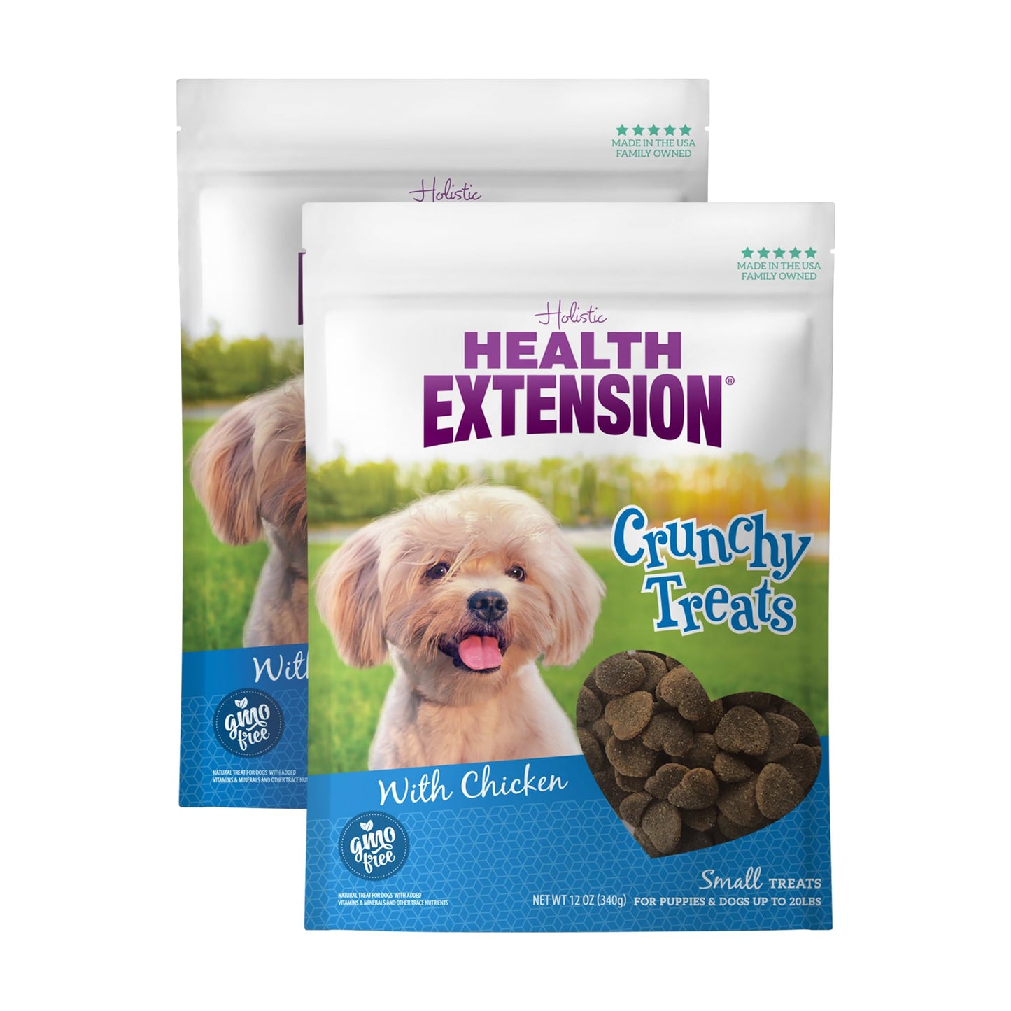 Health Extension Heart-Shaped Crunchy Biscuits, 12oz (340g) – Chicken Flavor, GMO-Free Dog Training Treats for Small Breeds, Added Vitamins & Minerals (Pack of 2)