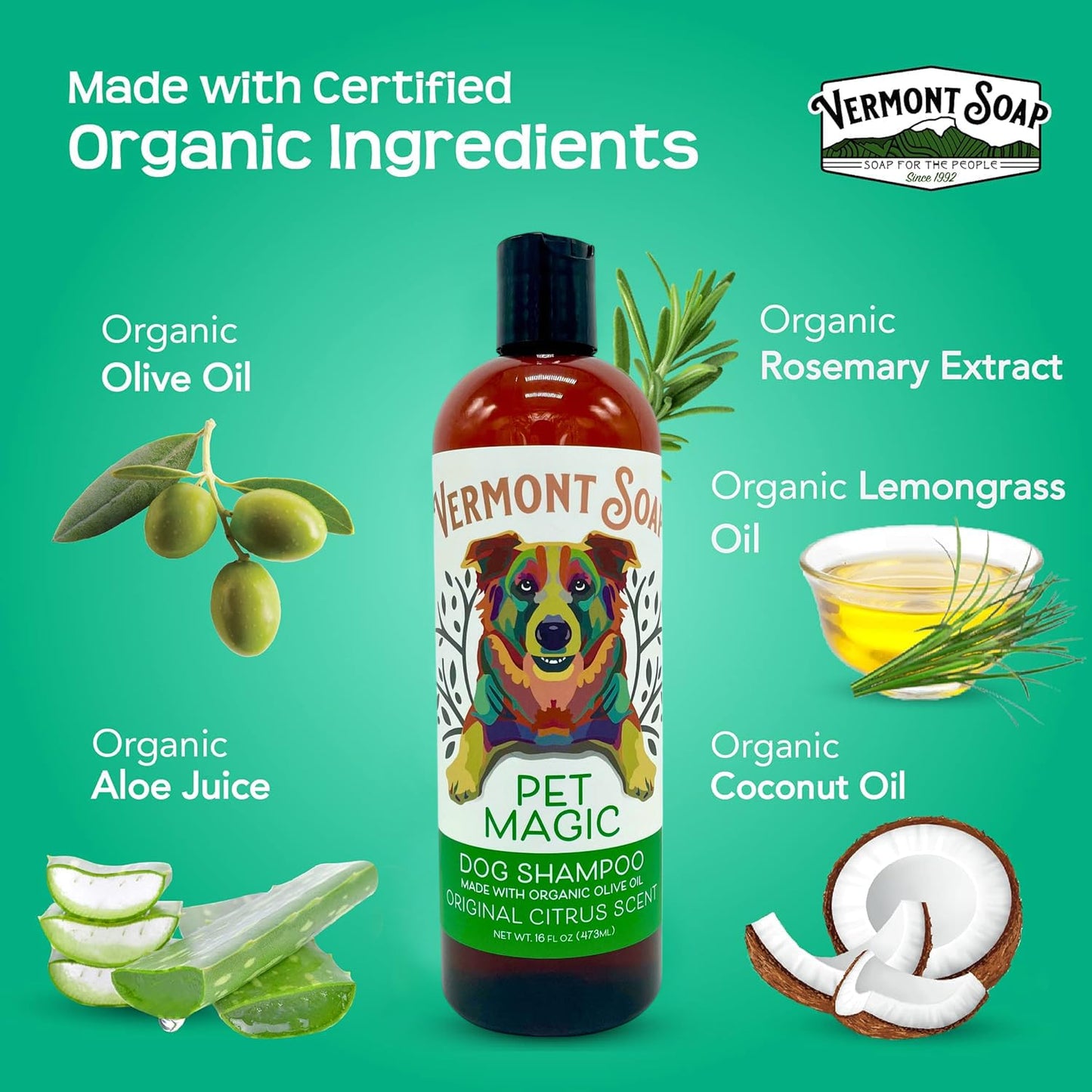 Vermont SOAP Organics Pet Shampoo - Infused with Organic & Natural Olive Oil, Coconut & Aloe Vera Dog Shampoo for Sensitive Skin - USDA Certified Grooming Pet Shampoo - Original Citrus (16oz)