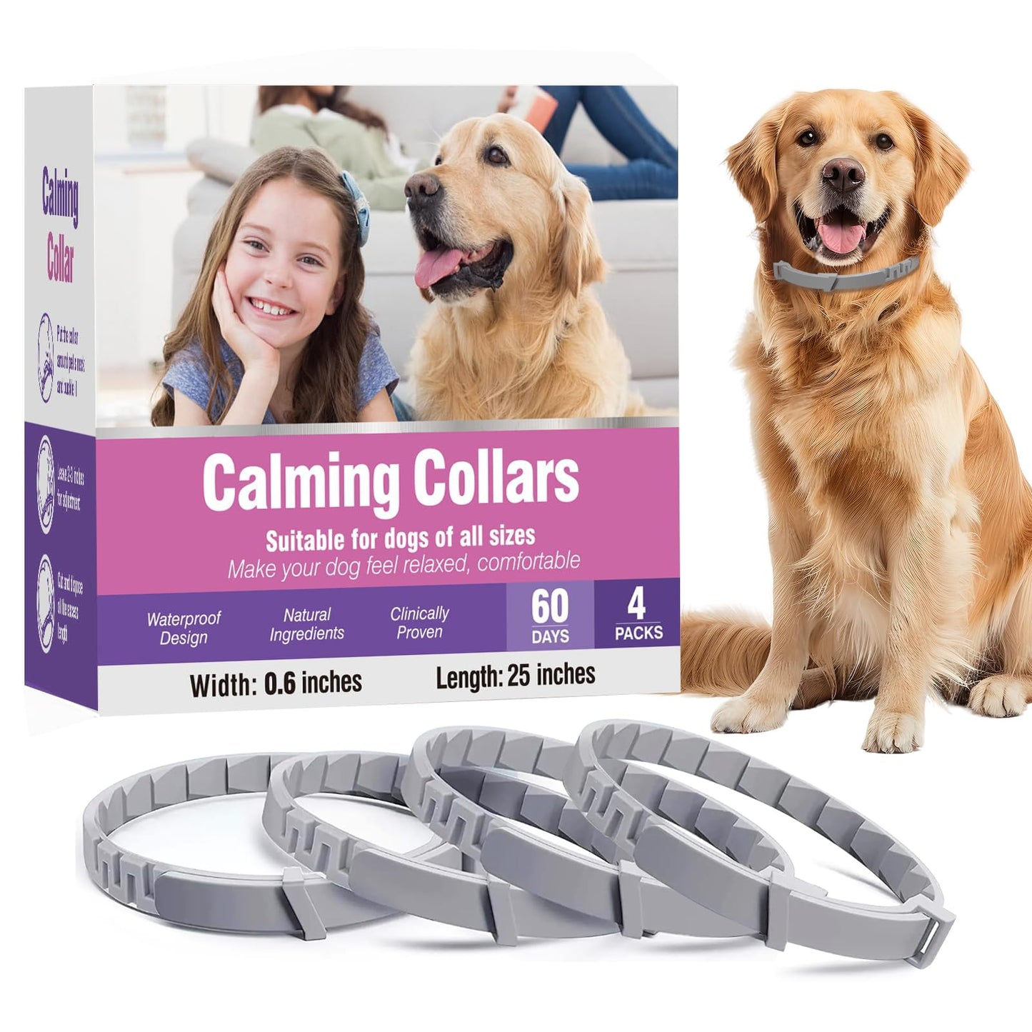 Calming for 4 Pack Pheromone Calming Collar for Dogs Calming Collar for Dogs Anxiety and Stress Lasts 60 Days Suitable for All Small, Medium and Large Calming Dog Collar Natural