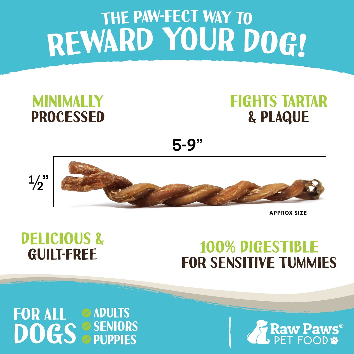 Raw Paws Lamb Pizzle Twists for Dogs, 5-9-Inch (10 Count) - USA Packed Natural Lamb Pizzle Sticks - Free-Range, Digestible Alternative Bully Sticks - Grain-Free Twist Dog Chew - Single Ingredient