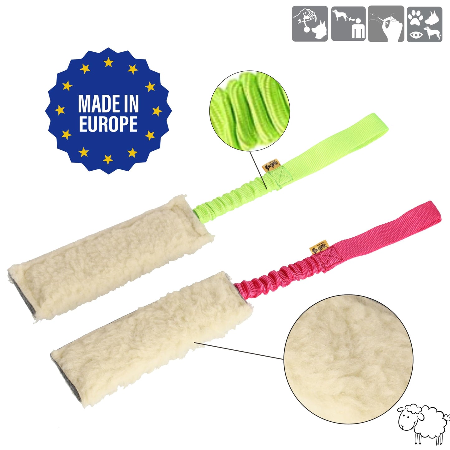 Dingo Woolen 2pack Interactive tug Toys for Dog, Colorful Handle with Bungee Shock Absorber, Natural Soft Toy, for Small Medium and Large Dog’s Breed - tug of war, Agility and Motivation Z30003