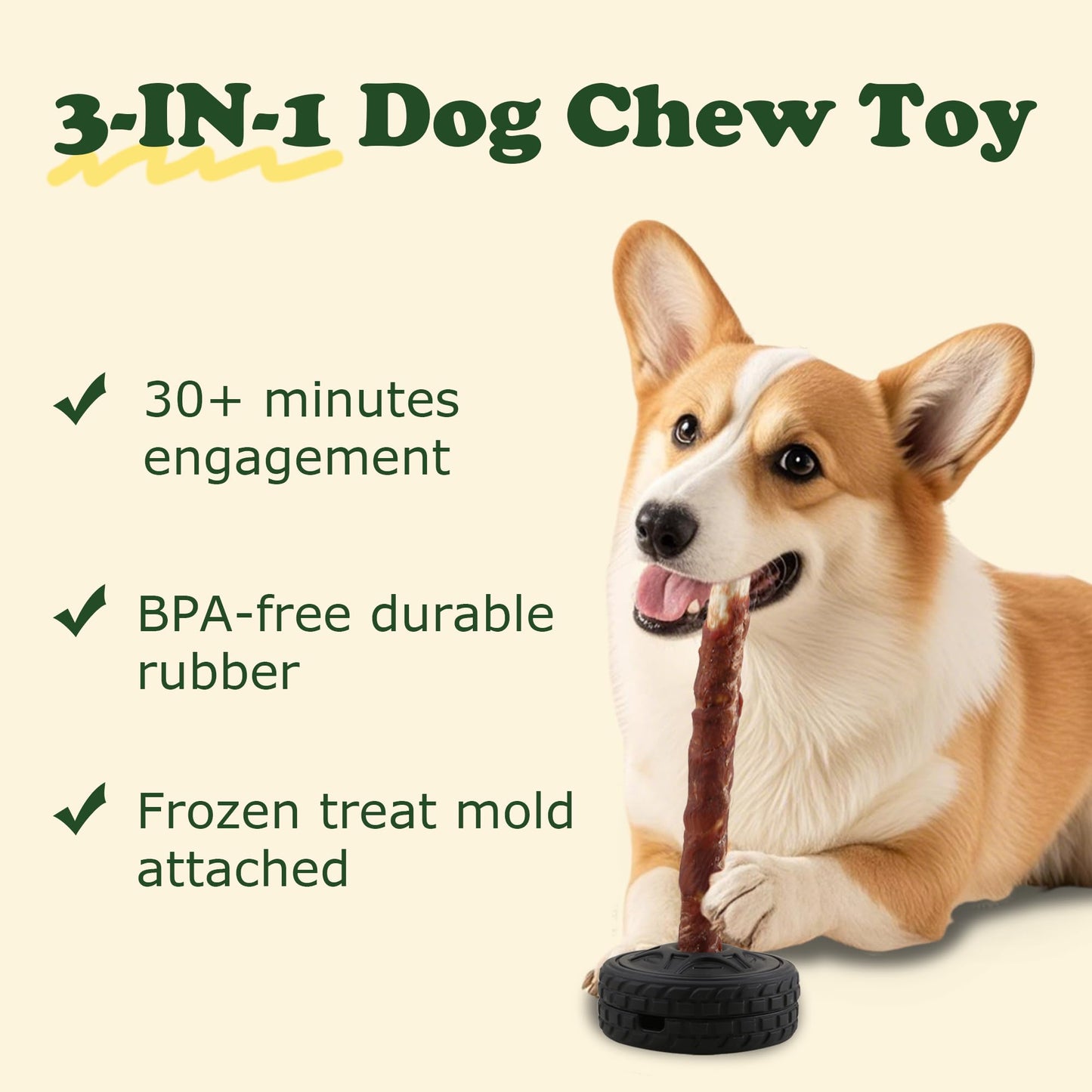 PETFROH 3-in-1 Dog Treat Toy for Aggressive Chewer, Natural Rubber Dog Puzzle, Bully Stick Holder, Frozen Treat Dispensing Toy for Small Medium Large Breeds