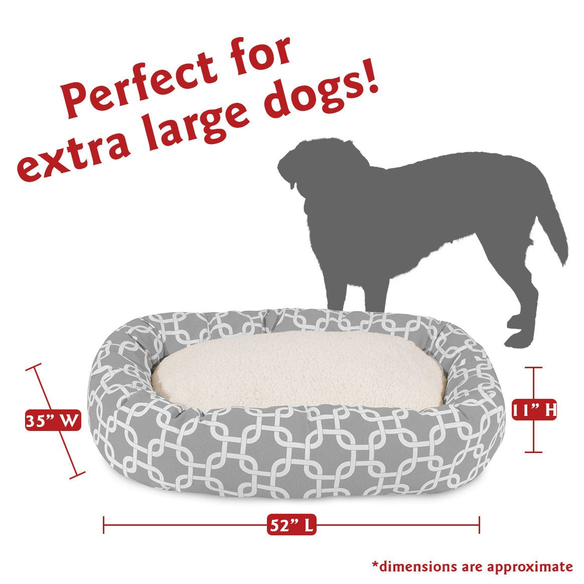 Majestic Pet 52 Inch Links Sherpa Calming Dog Bed Washable – Cozy Soft Round Dog Bed with Spine for Head Support - Fluffy Donut Dog Bed 52x35x11 (inch) – Round Pet Bed X- Large - GRAY