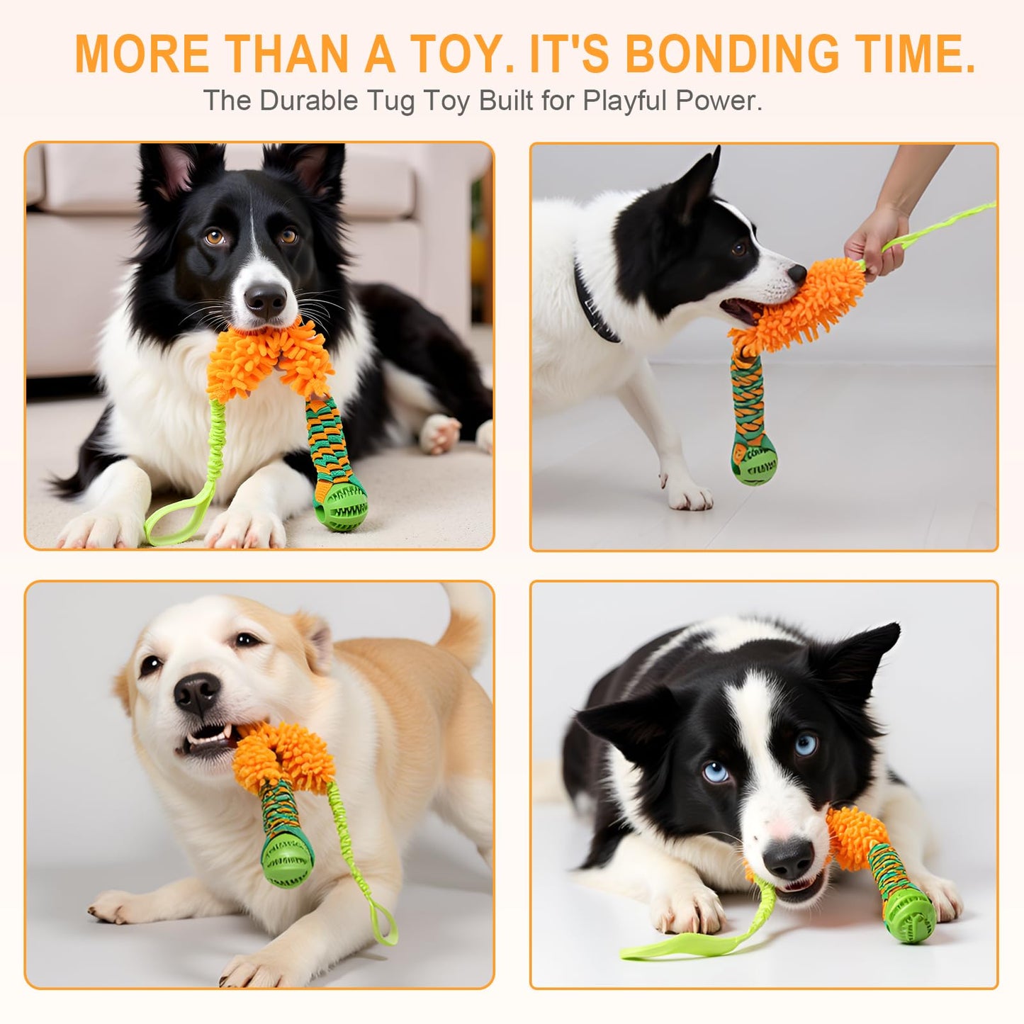 kmirepa Dog Tug Toy - Interactive Dog Tug of War Toy for Aggressive Chewers, Stretchy Bungee Handle, Strong Squeak Rope Toy for Large Dogs, Puppies, Middle Dogs(Orange)