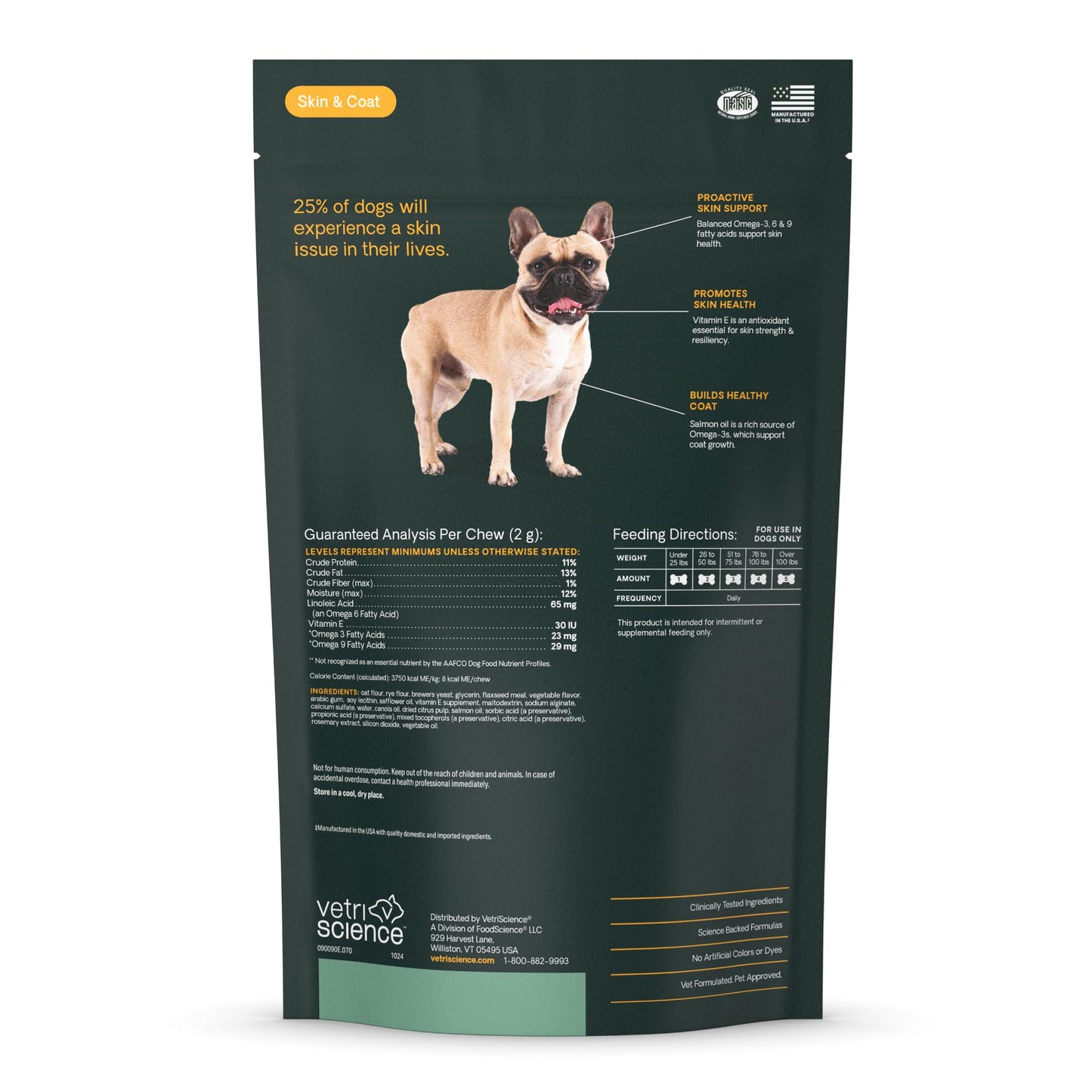 VetriScience Healthy Skin & Coat Chews, Derma Strength Omega-3 Salmon Oil Supplement for Dogs, Omega Skin and Coat Chews, Skin Health, Coat Growth, Fish Oil and Vitamin E, Veggie, 70 Count