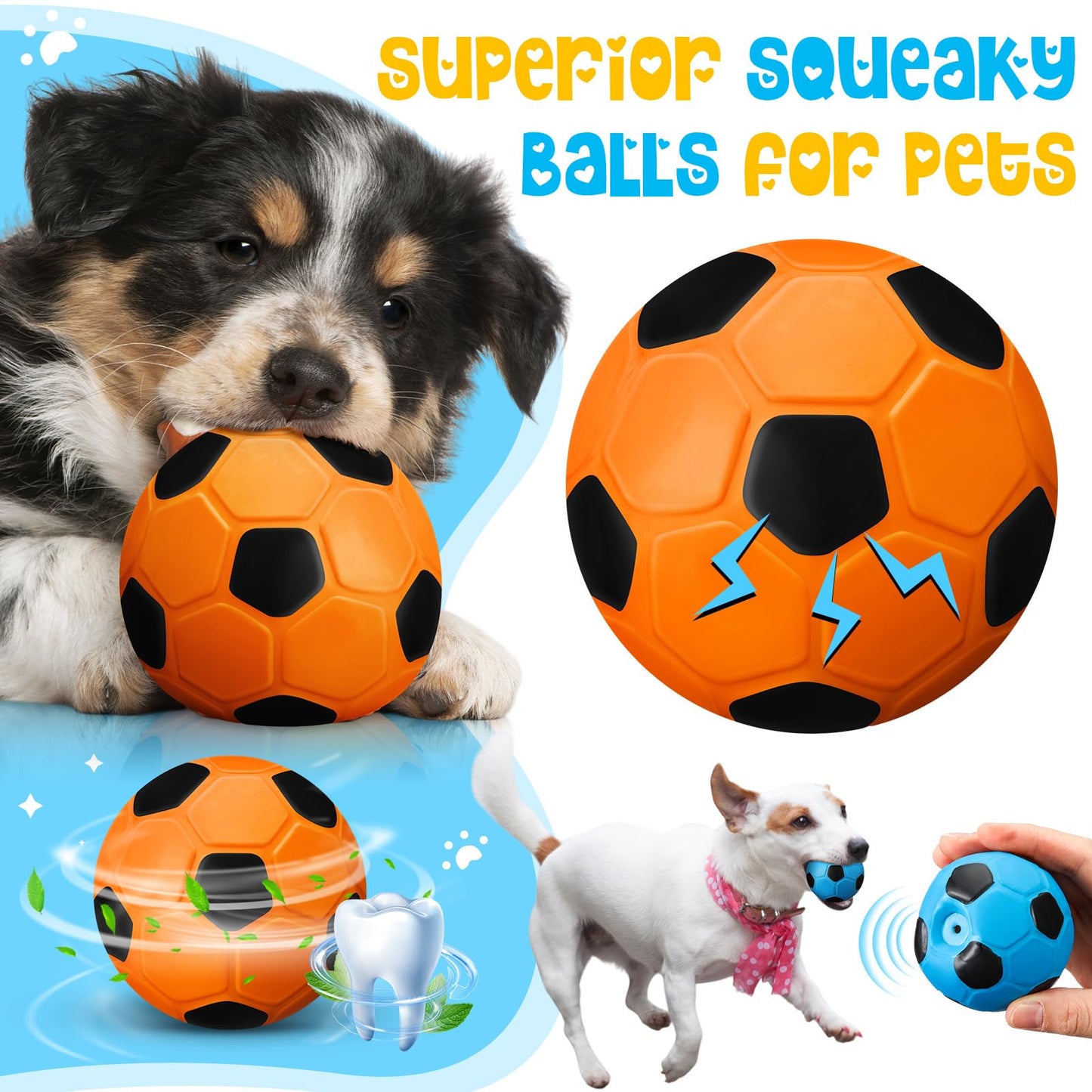 Vinsot 6 Pack 2.6'' Squeak Latex Dog Toy Ball Soft Durable Chew Puppy Soccer Toy Rubber Fetch Interactive Dog Ball for Small Medium Pets Training Supply