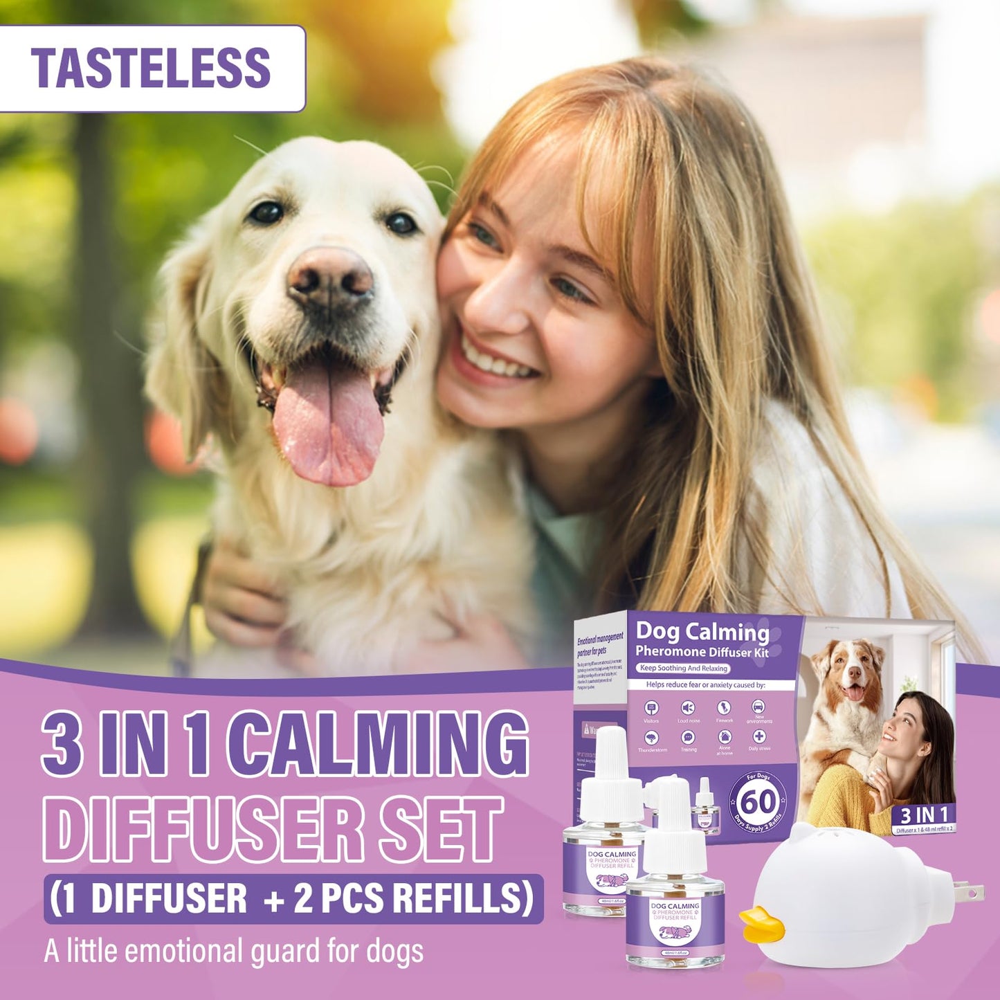 Dog Pheromones Calming Diffuser 3 In 1 Advanced Kit Appeasing Pheromone Diffuser to Calm Pet (1 Plug in+2 Pack 48ml Refill) for Anxiety Relieve Relief Reduce Aggression Fighting Stress (Tasteless)