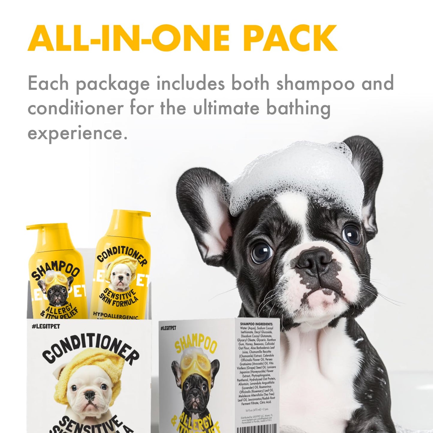 LEGITPET Oatmeal Dog Shampoo & Conditioner Itch & Allergy Relief with Honey & Aloe Hypoallergenic Gentle Calming Formula for Sensitive Skin & Dandruff Safe for Puppies Best for All Breeds 2 x 16oz